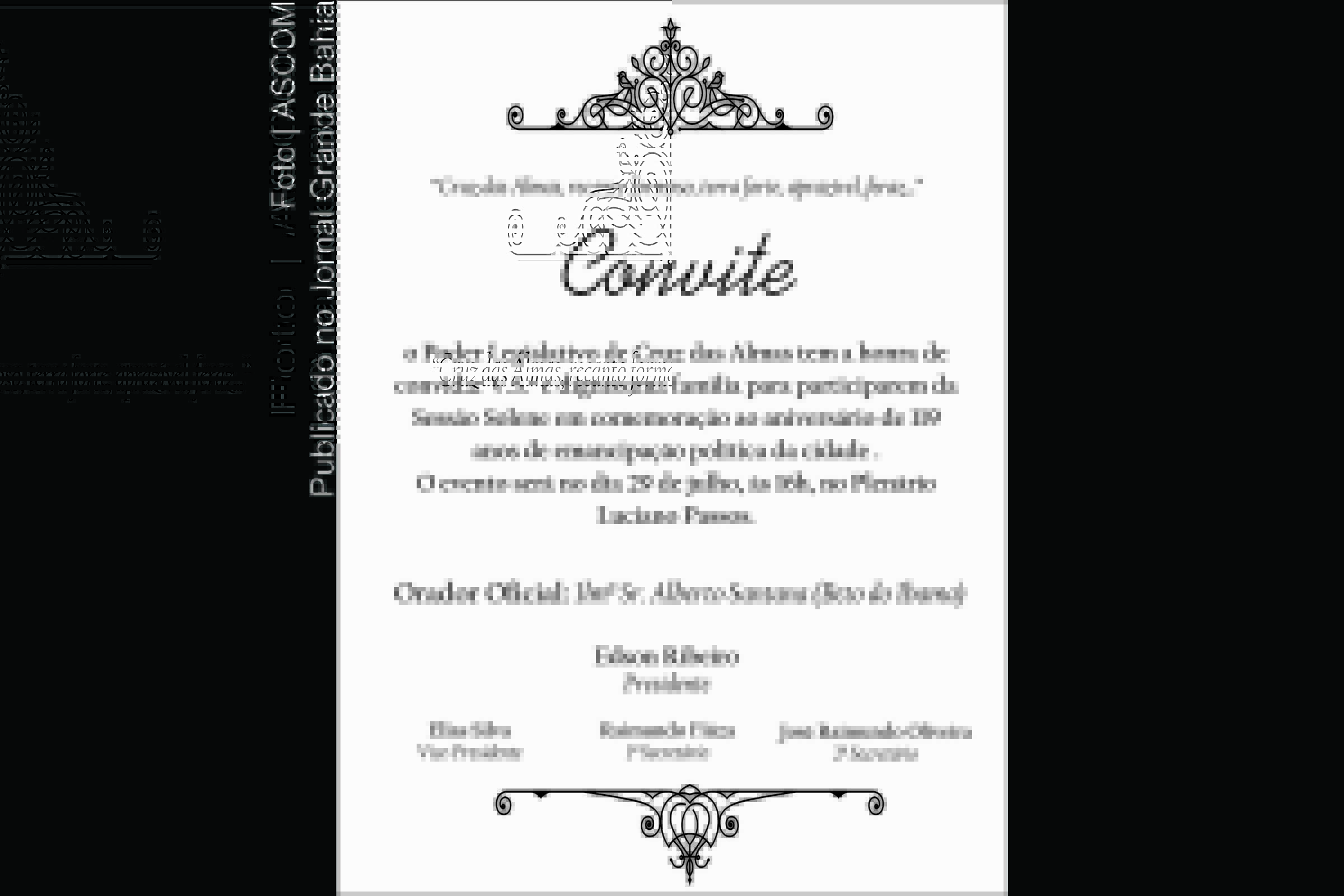 Convite da Câmara Municipal de Cruz das Almas. Evento oficia é realizado em comemoração dos 119 anos de emancipação do município.