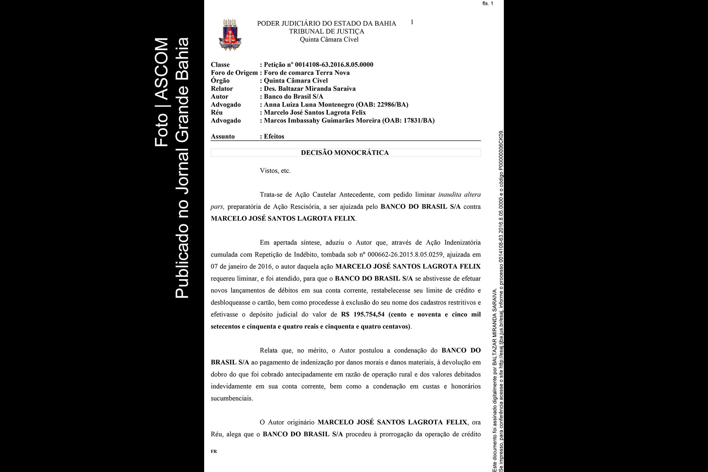 TJBA: desembargador Baltazar Miranda Saraiva suspende pagamento de indenização milionária contra Banco do Brasil