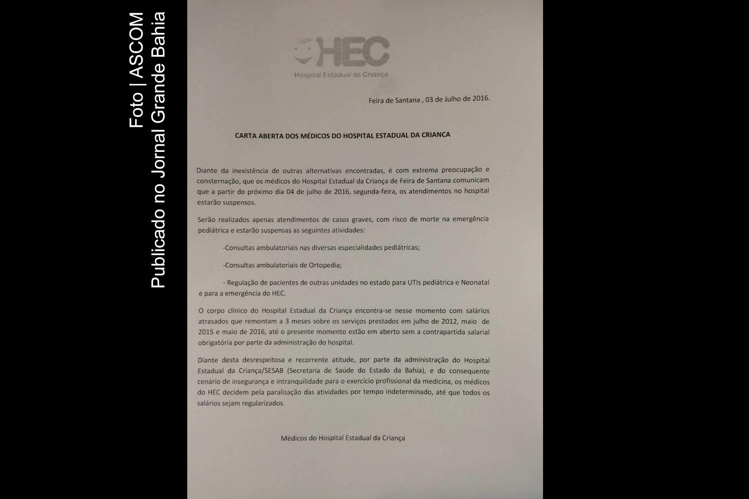Nota do profissionais médicos que atuam no Hospital Estadual da Criança (HEC).