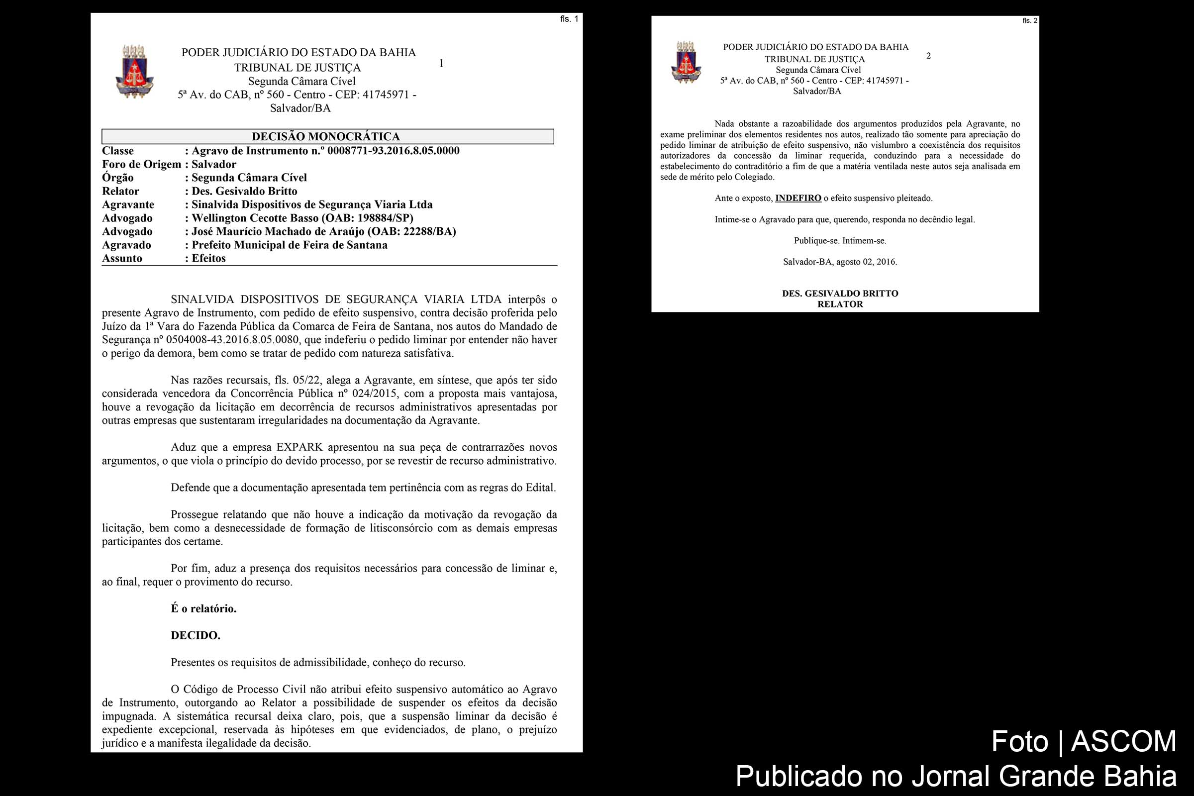 Desembargador Gesivaldo Nascimento Britto nega recurso da SinalVida; empresa tentava ganhar na justiça direito a operar contrato da Zona Azul de Feira de Santana