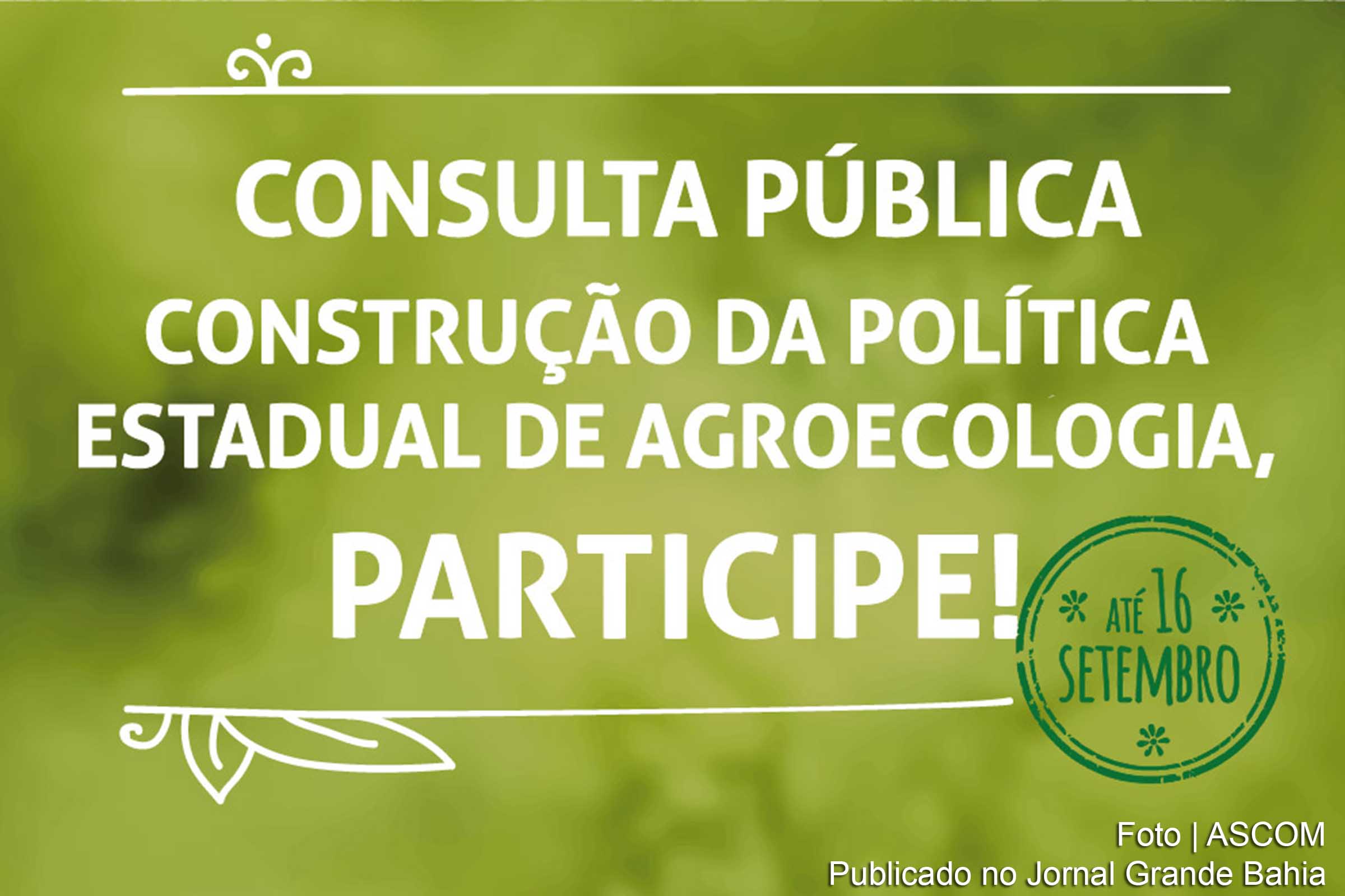 Cartaz anuncia consulta pública para construção da Política Estadual de Agroecologia da Bahia.