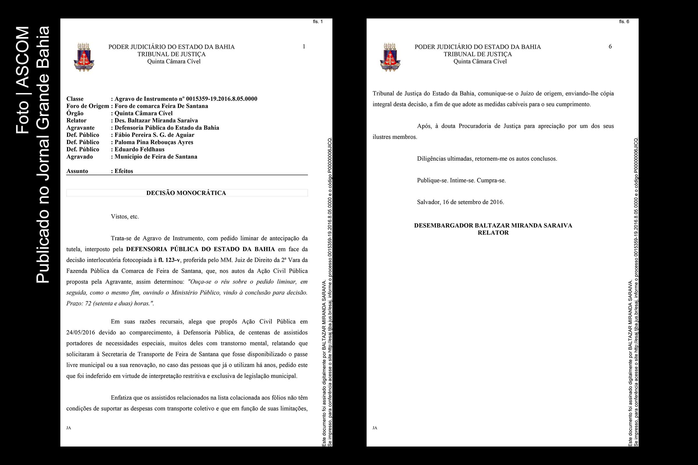 Páginas 1 e 6 da decisão do desembargador Baltazar Miranda Saraiva em desfavor do Município de Feira de Santana.