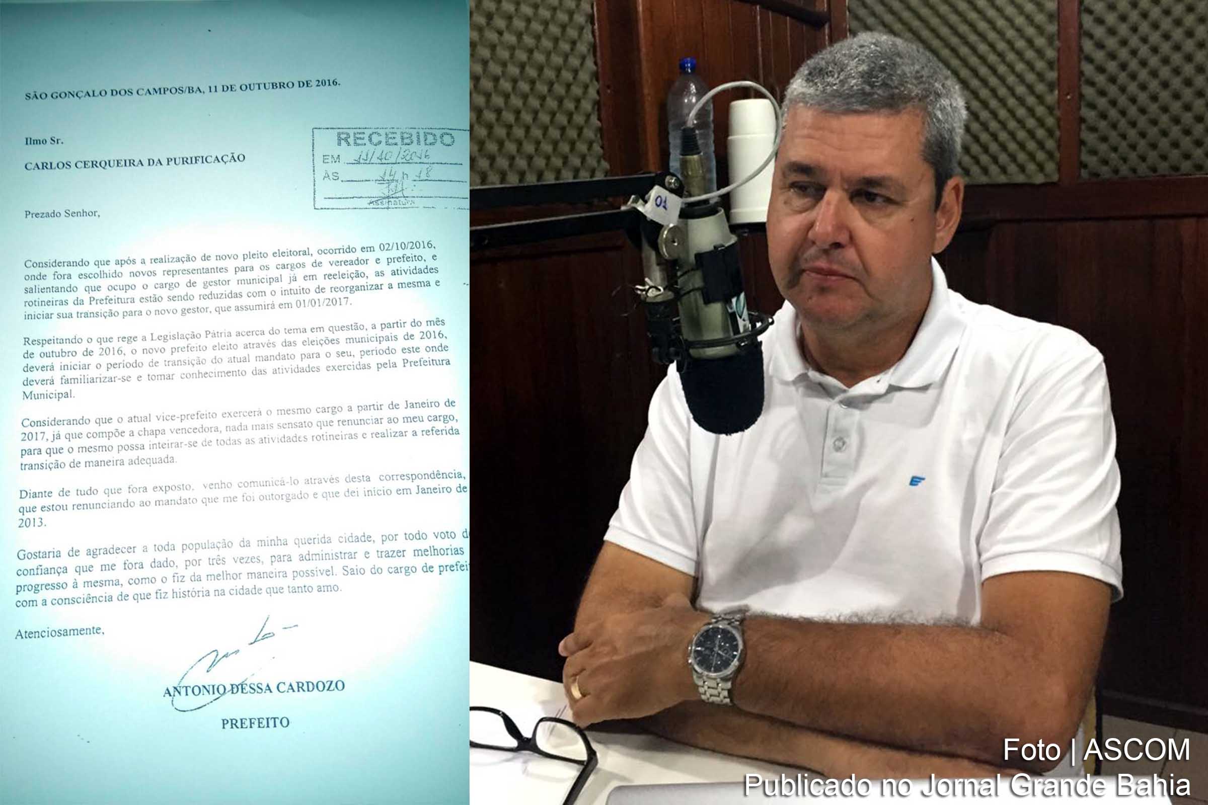 Antônio Dessa Cardozo (Furão) renuncia ao mandato de prefeito.