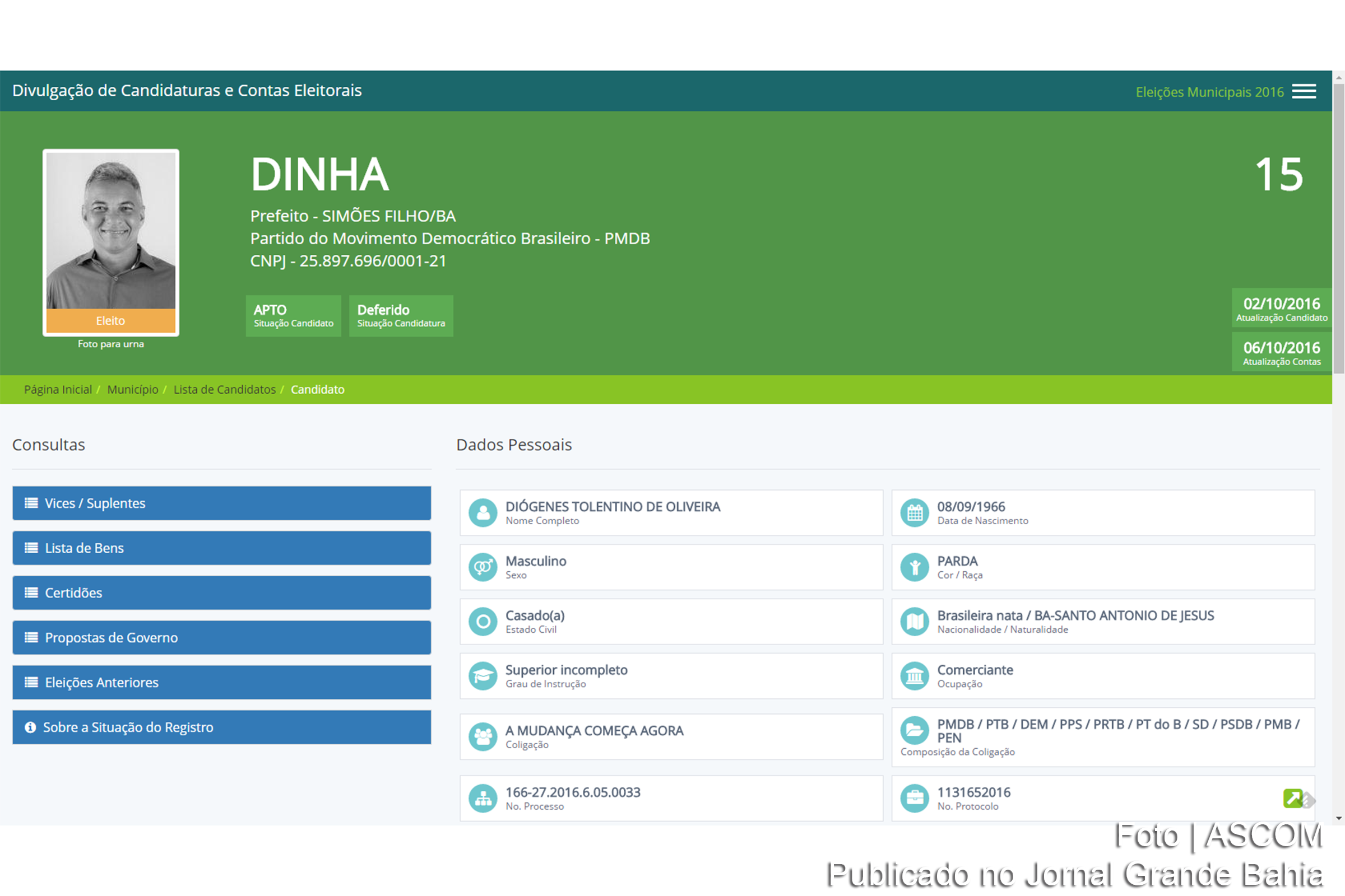 Diógenes Tolentino de Oliveira foi eleito prefeito de Simões Filho.