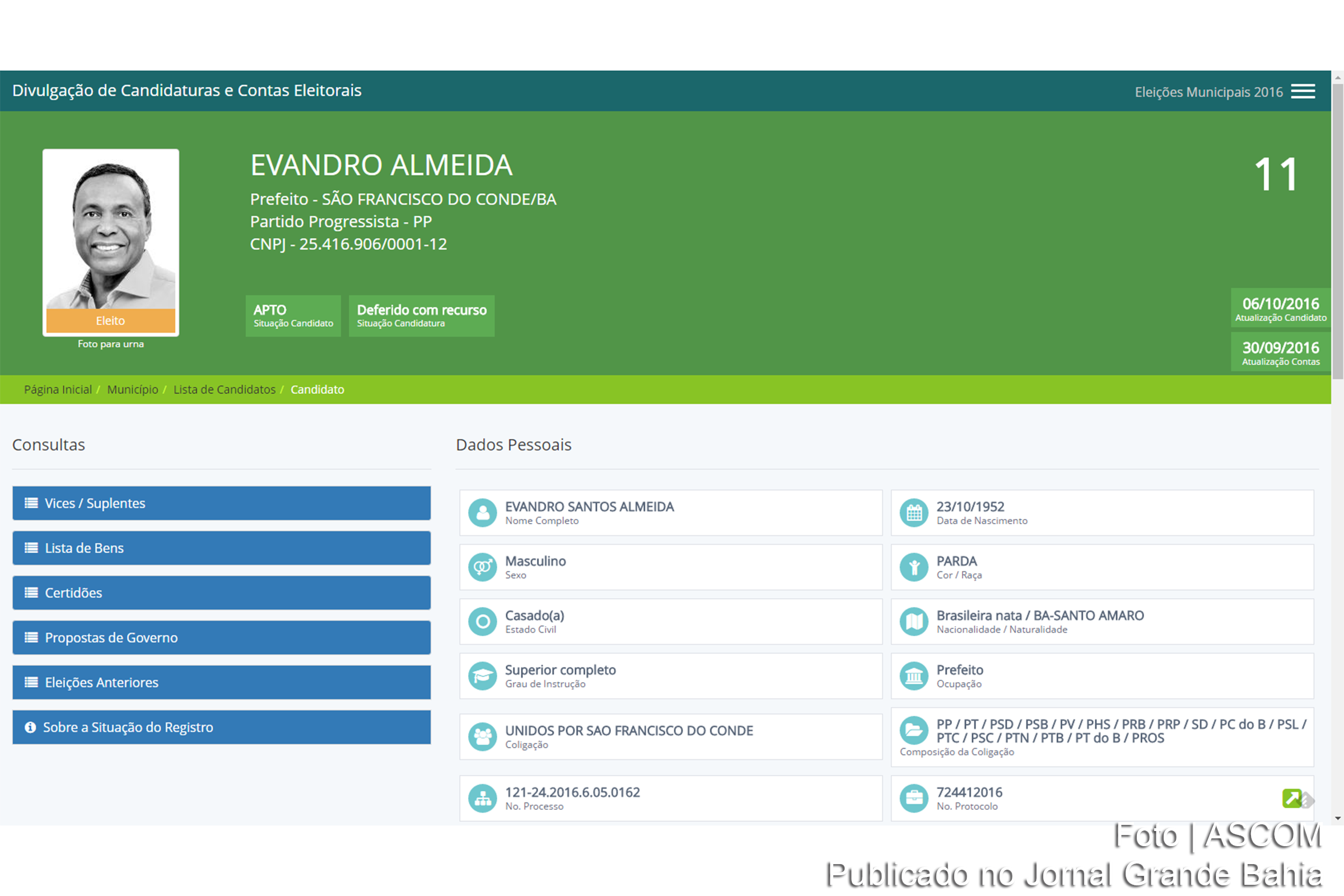 Evandro Santos Almeida foi eleito prefeito de São Francisco do Conde.