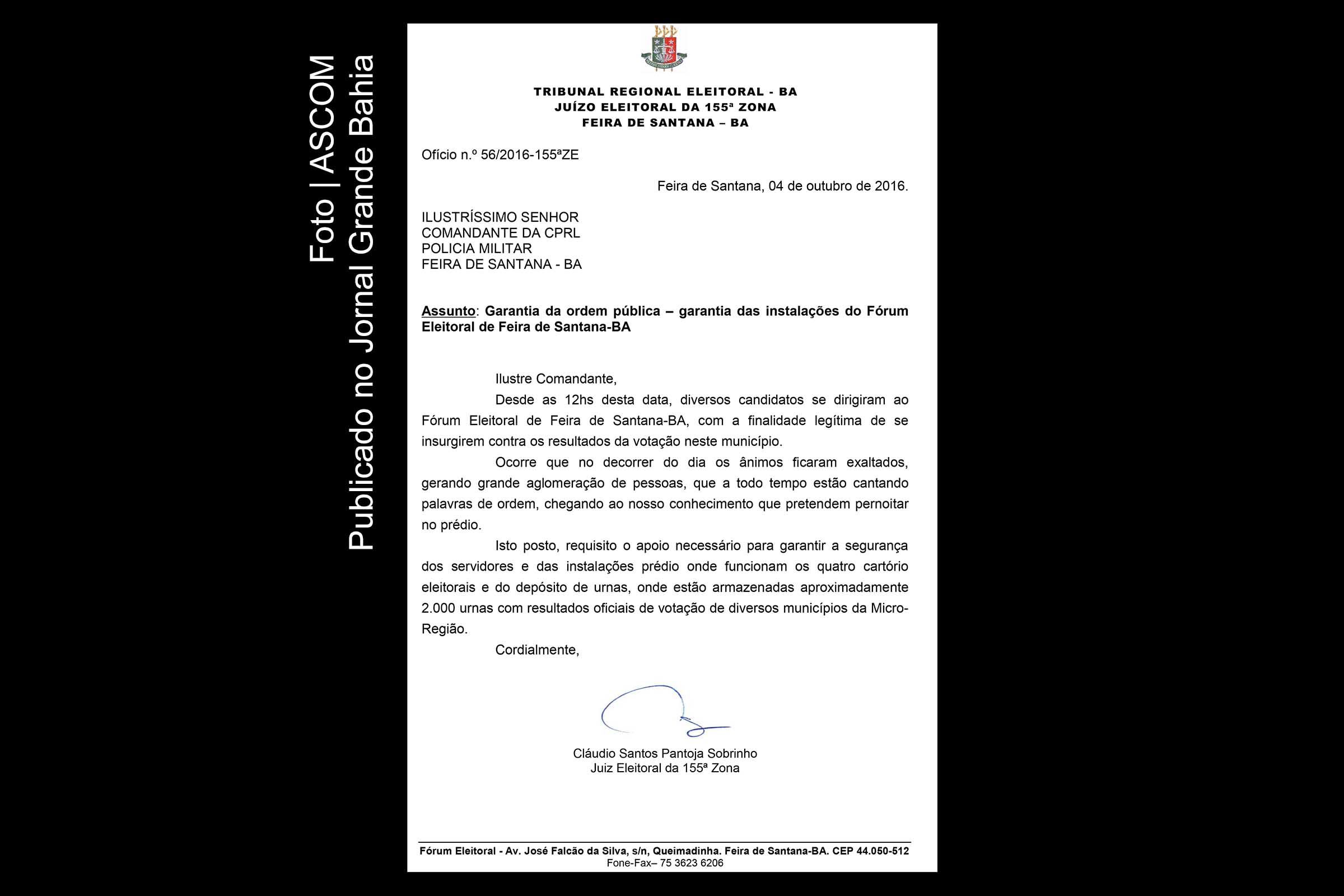 Ofício do juiz eleitoral Cláudio Santos Pantoja Sobrinho determinando a garantia da ordem pública.
