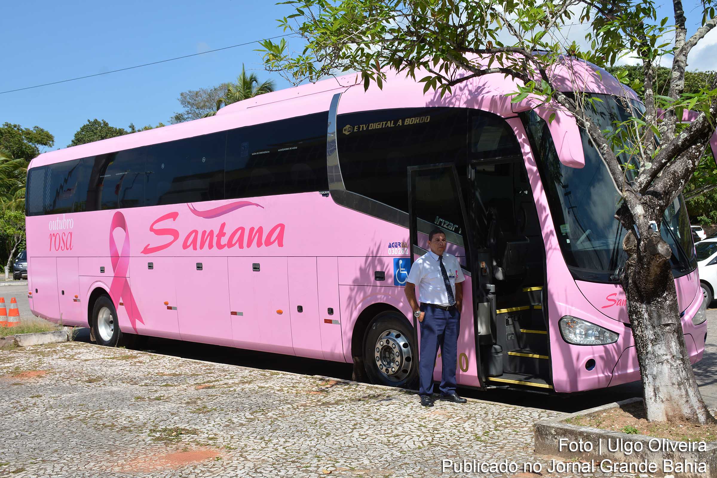 Ônibus intermunicipais da Bahia são ilustrado com o tema ‘Outubro Rosa’.