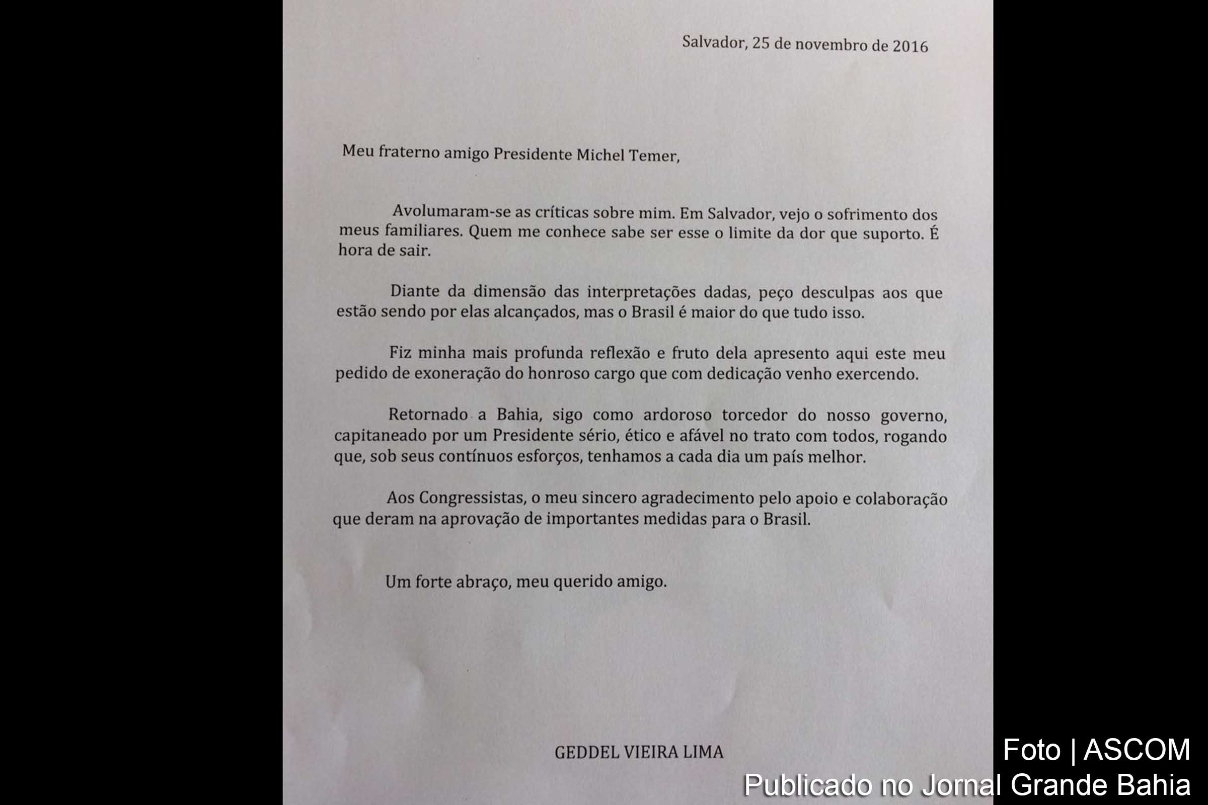 Carta de renúncia de Geddel Vieira Lima do cargo de ministro do governo Temer.