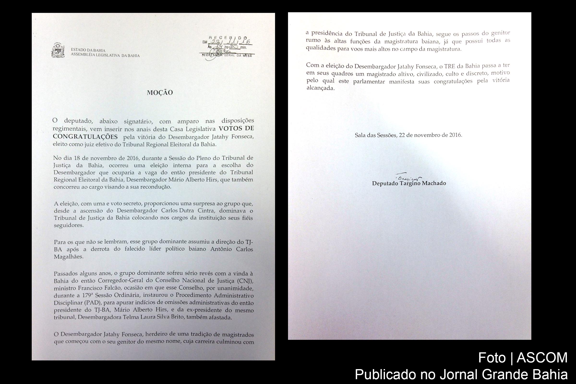 ALBA: deputado Targino Machado destaca, em Moção de Congratulações, eleição do desembargador Jatahy Fonseca como juiz do TRE
