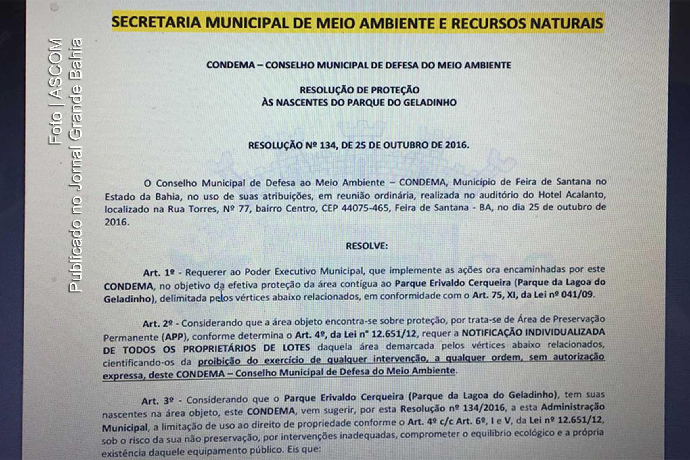 Resolução do Condema requerendo proteção para as nascentes do Parque da Lagoa do Geladinho.