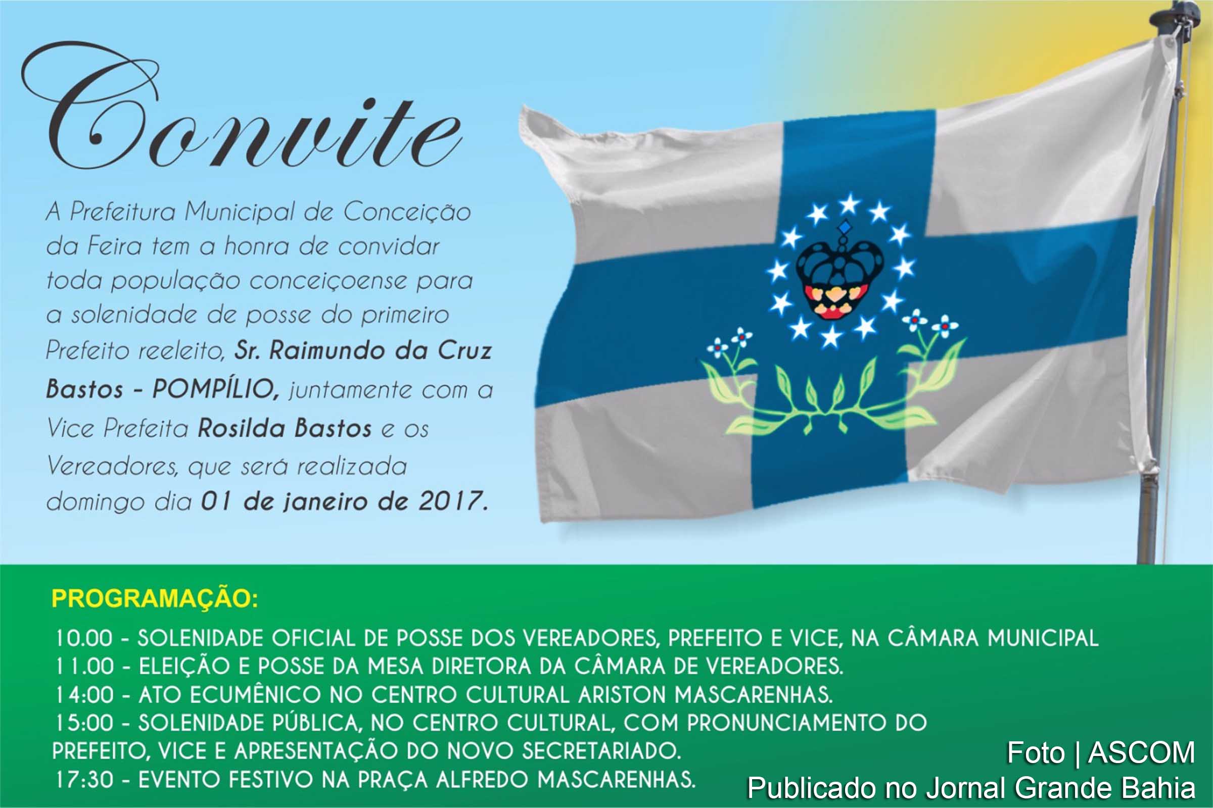 Convite para o evento de posse dos membros dos Poderes Legislativo e Executivo de Conceição da Feira.