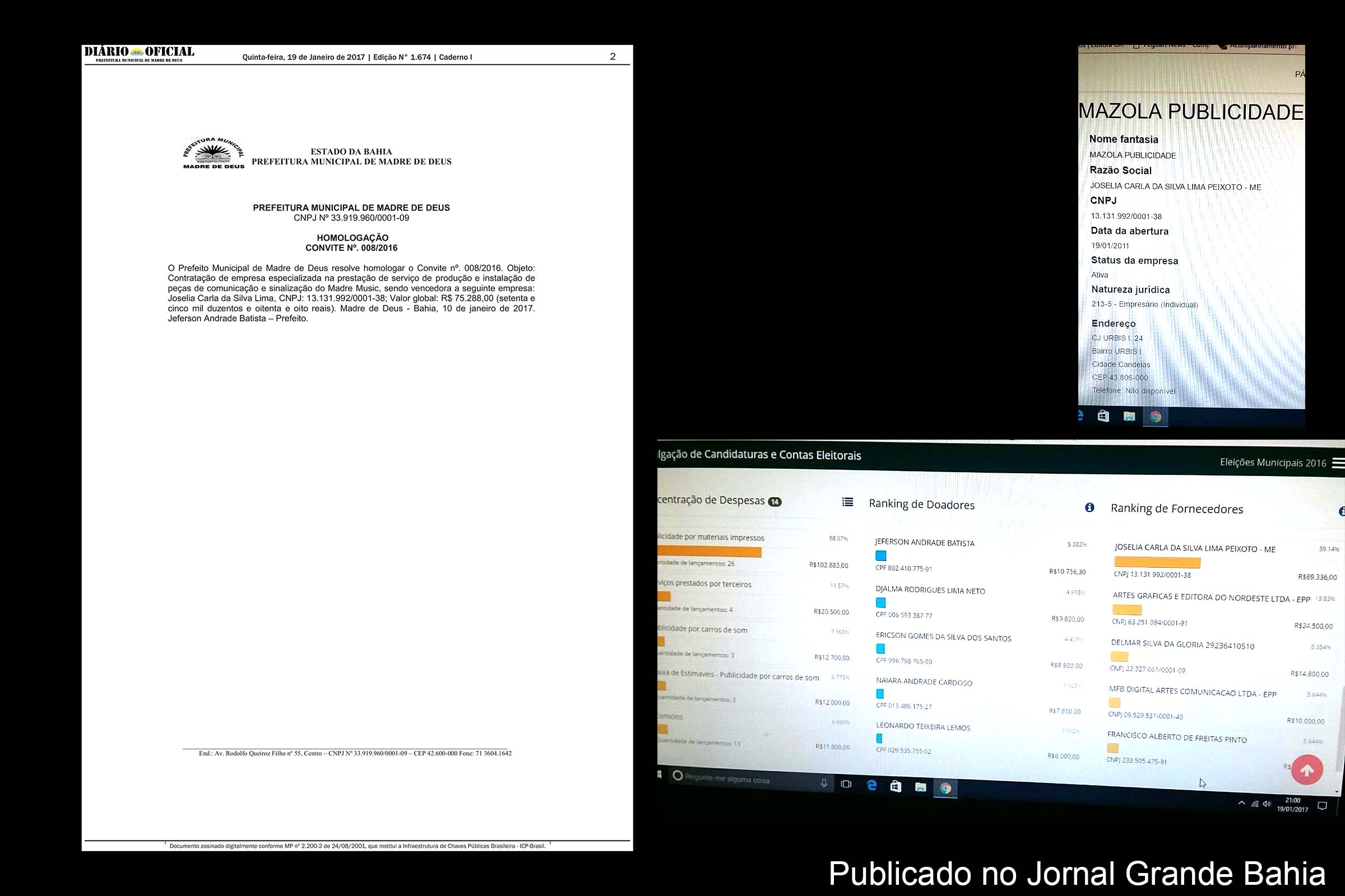 Diário Oficial do Município de Madre de Deus registra homologação da licitação da empresa Mazola Publicidade (nome fantasia), cuja razão social é Josélia Carla da Silva Lima-ME.