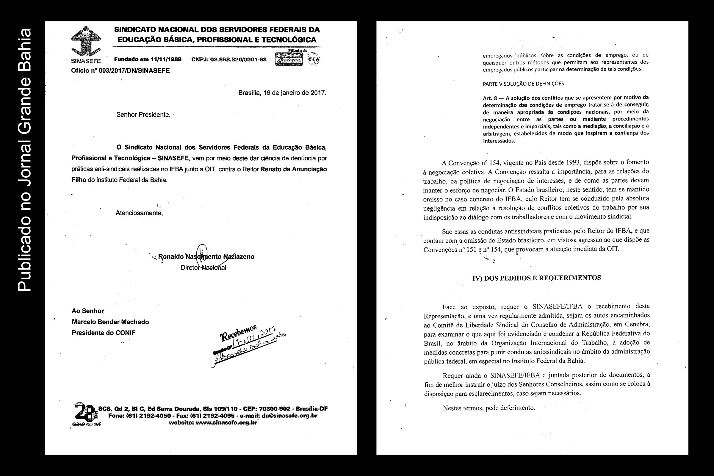 Páginas 1 e 13 do ofício do SINASEFE Seção Sindical IFBA encaminhado à Organização Internacional do Trabalho (OIT).
