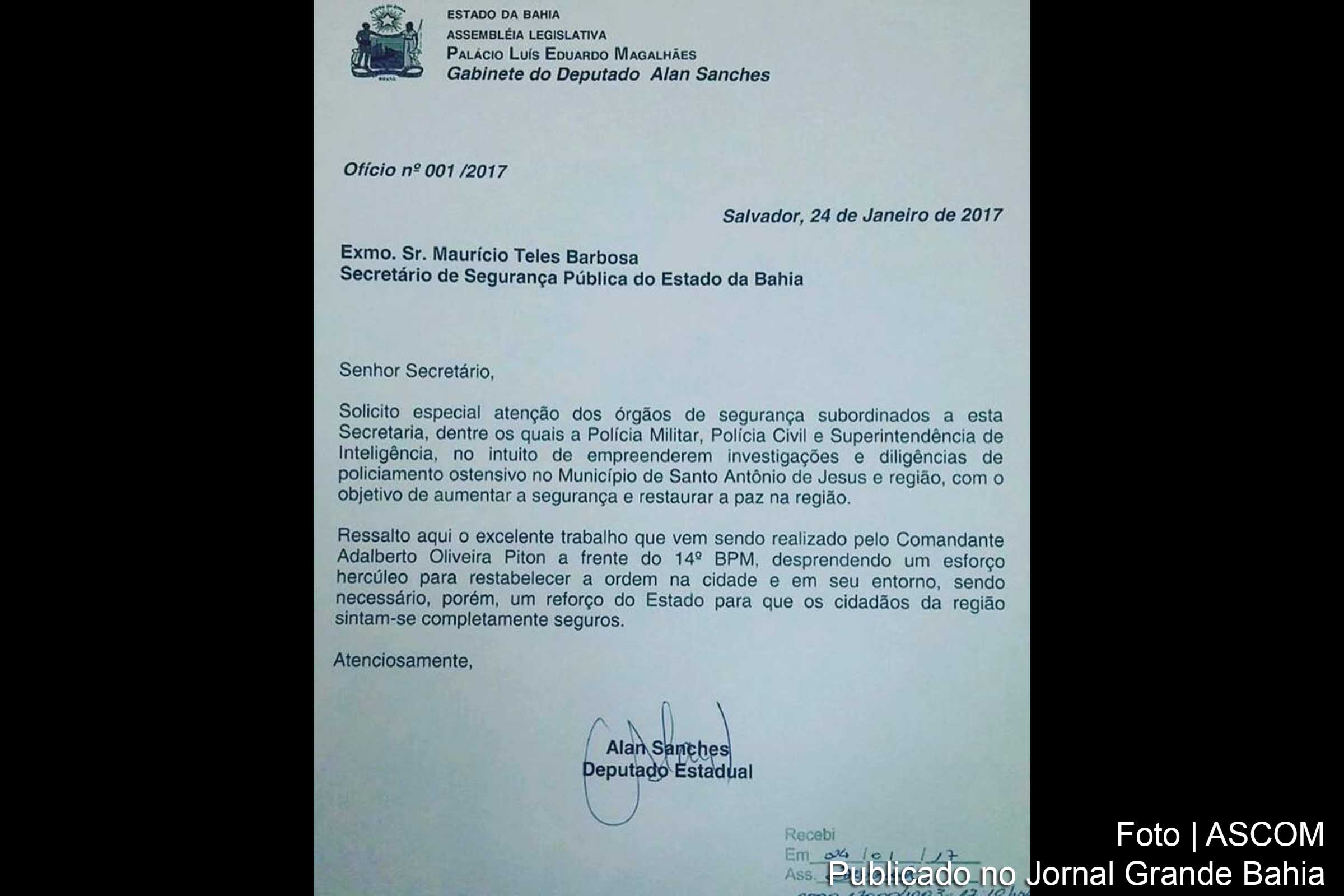 Ofício encaminhado pelo deputado Alan Sanches.