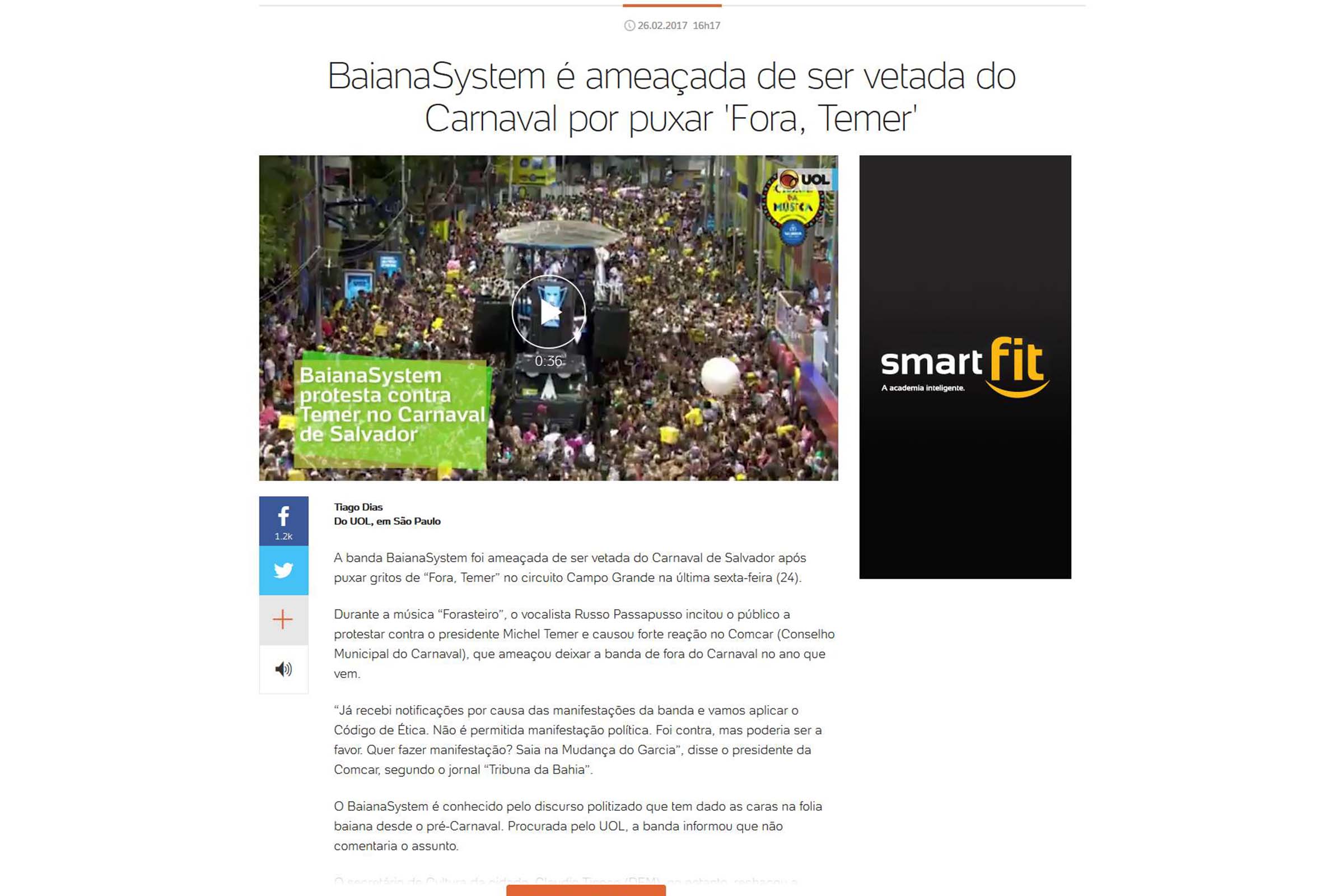 BaianaSystem é ameaçada de ser vetada do Carnaval por puxar 'Fora, Temer'.