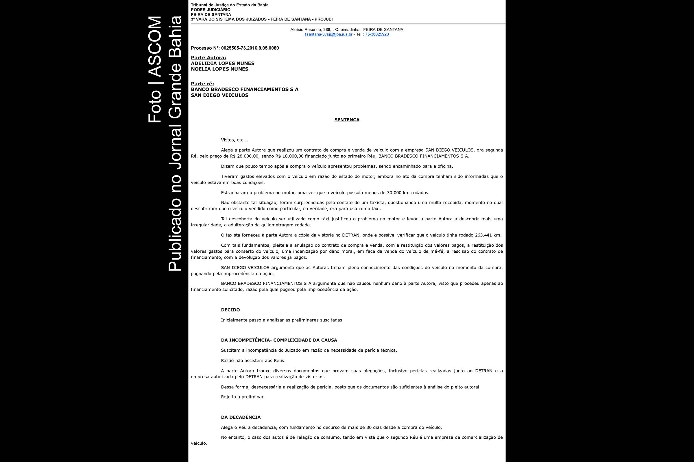 Página 1 da sentença judicial contra as empresas San Diego Veículos e Banco Bradesco.
