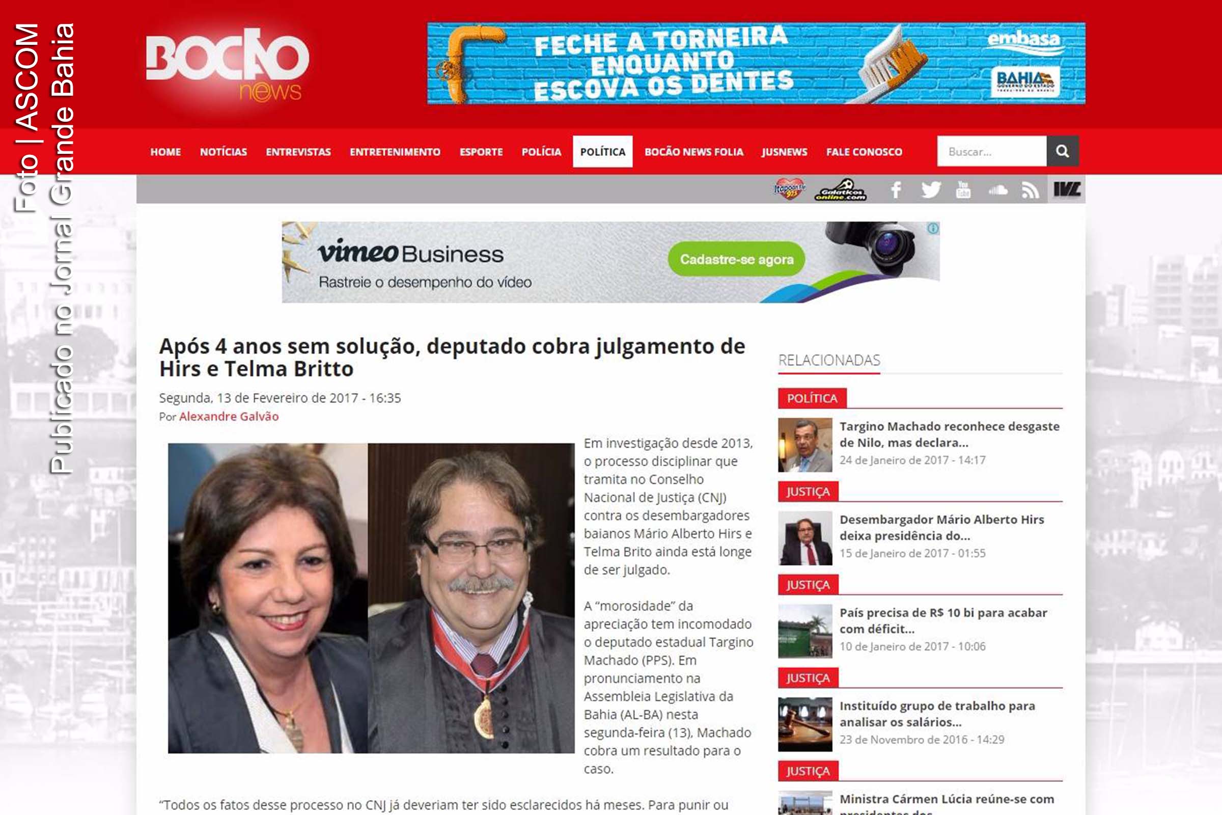 Pronunciamento do deputado Targino Machado sobre processo do CNJ envolvendo os desembargadores Mário Alberto Simões Hirs e Telma Laura Silva Britto é destacado no Bocão News.