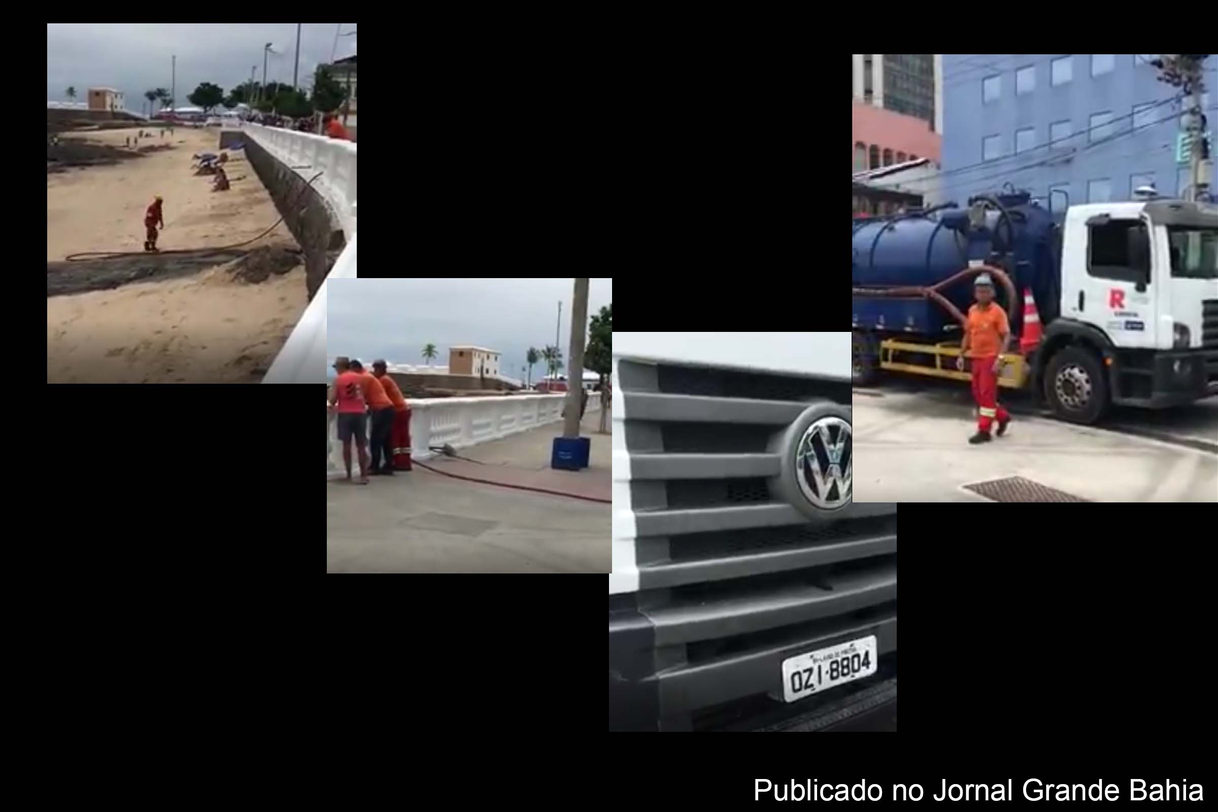 Veículo da Prefeitura de Salvador descarrega esgoto na praia do Porto da Barra.