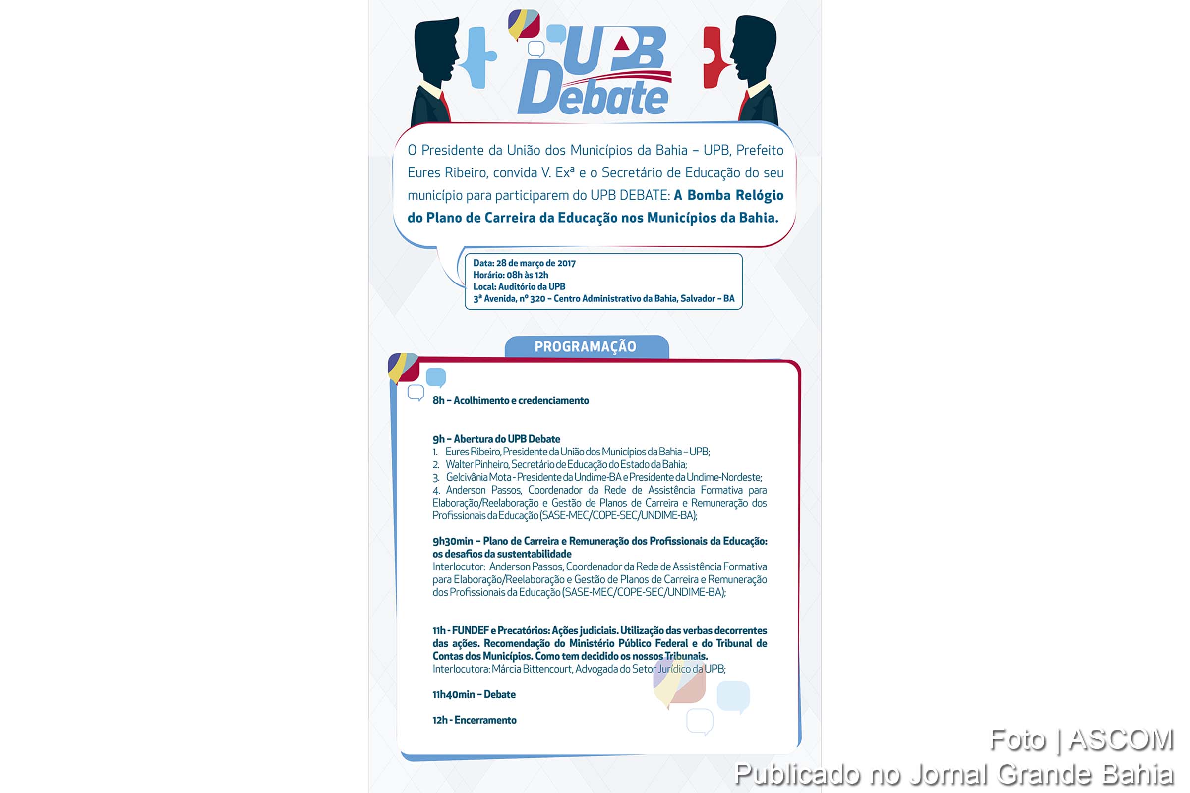 Cartaz anuncia debate com o tema 'A Bomba Relógio do Plano de Carreira da Educação nos Municípios da Bahia'.