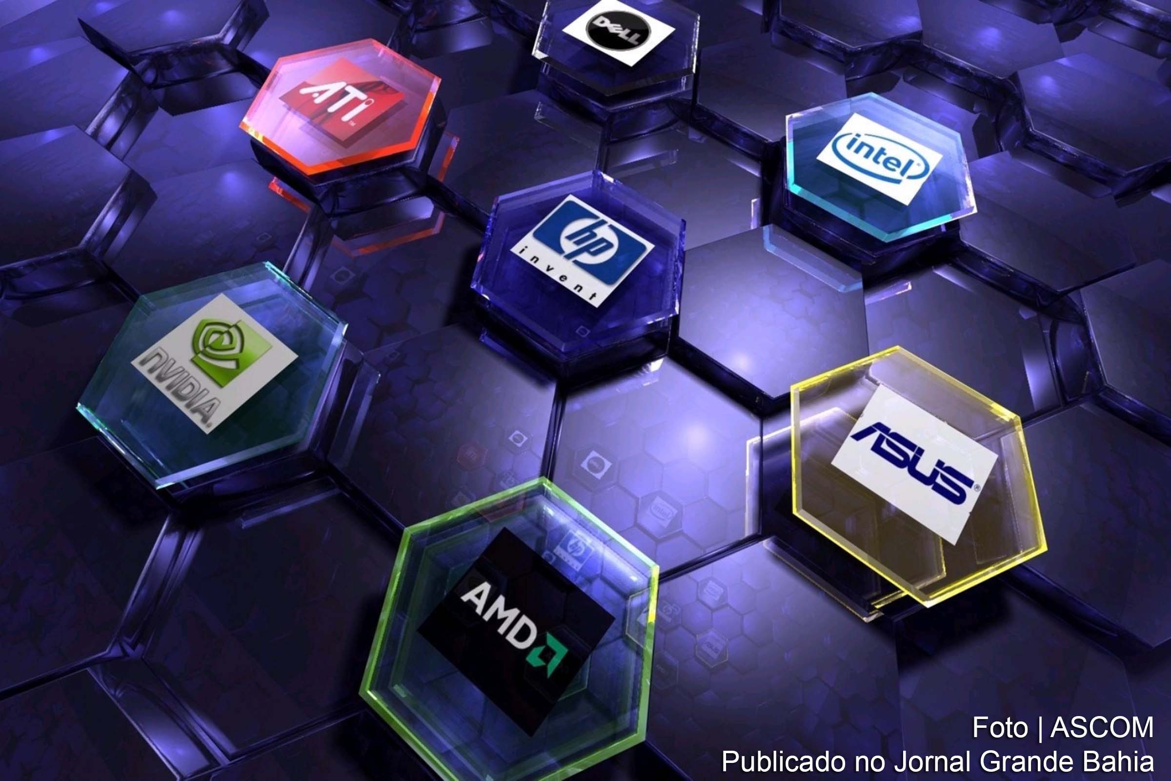 Computador, dados, internet, marcas de empresas de computação, fabricantes de celulares e computadores.