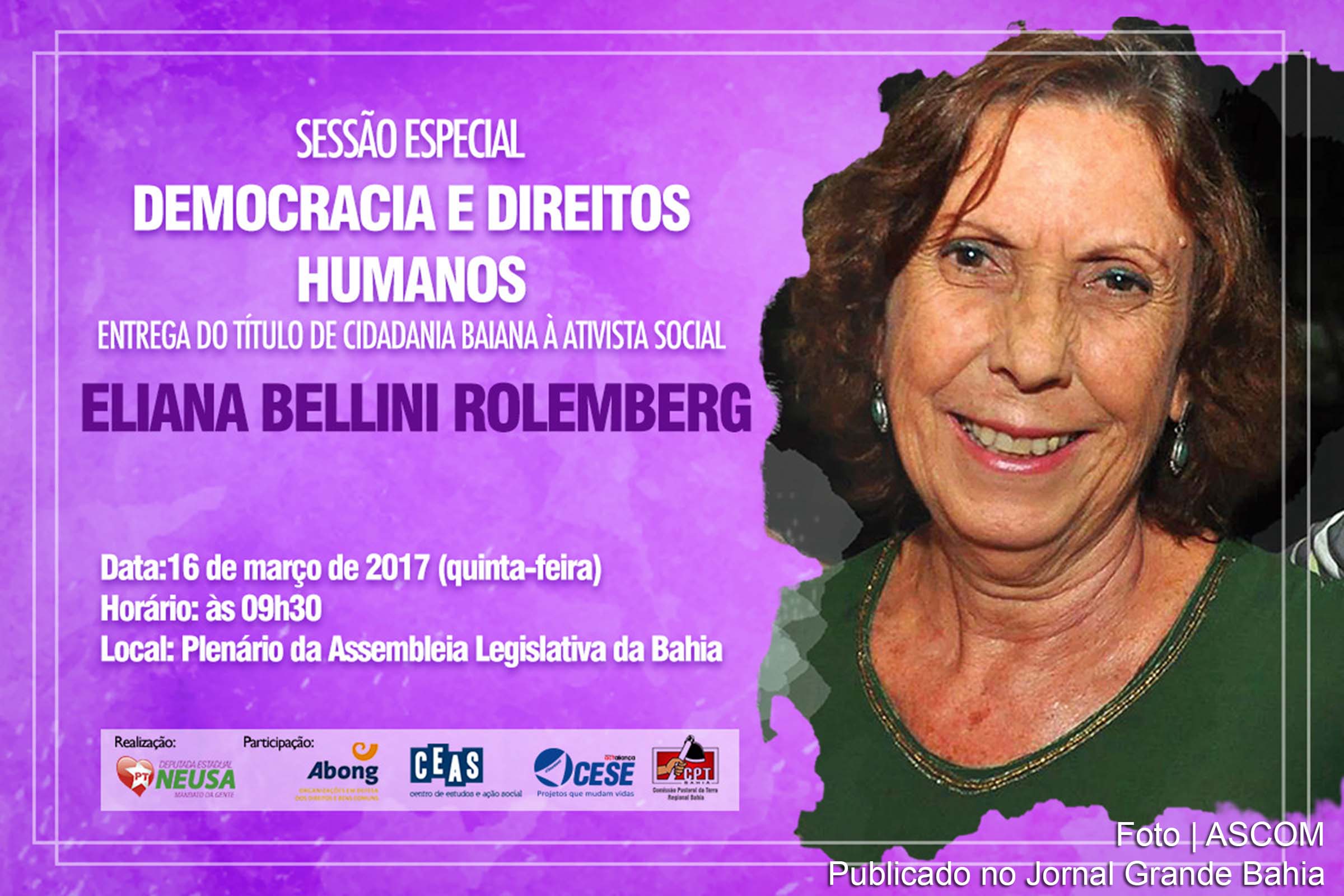 Convite para evento de entrega do título honorífico de Cidadã Baiana à Eliana Bellini Rolemberg.