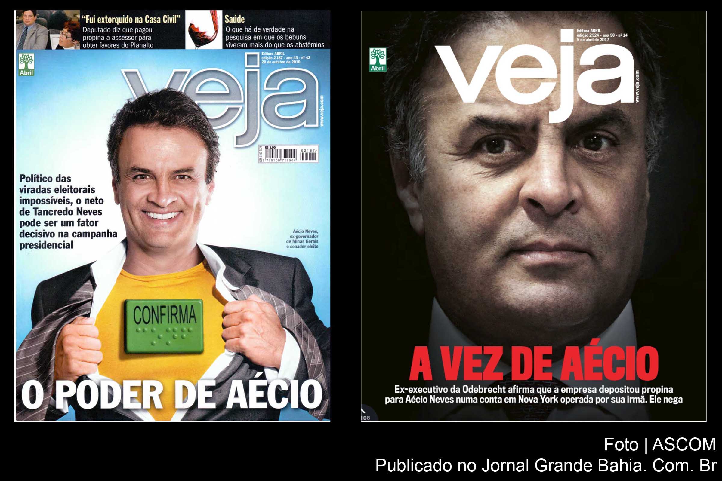 Capas da revista Veja com Aécio Neves. No primeiro momento, como querido da imprensa golpista. No segundo momento, como citado em atos de corrupção do Caso Lava Jato. A realidade se impõe, golpistas corruptos e apoiadores da usurpação democrática são revelados a partir da realidade fática.