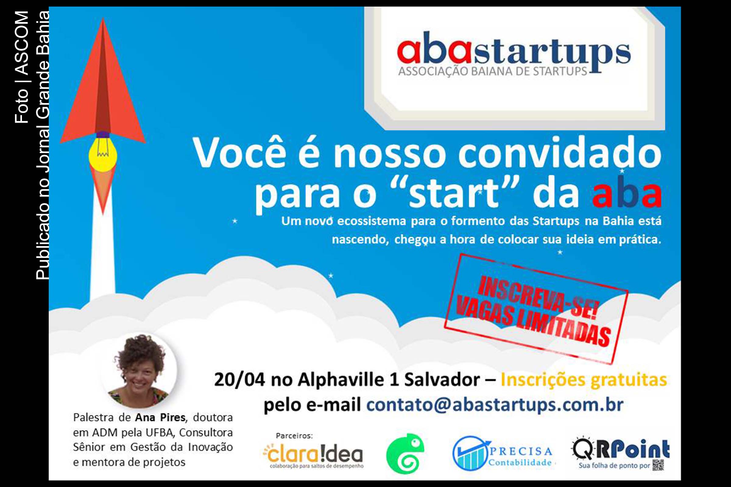 Cartaz anuncia lançamento da 'Associação Baiana de Startups'.