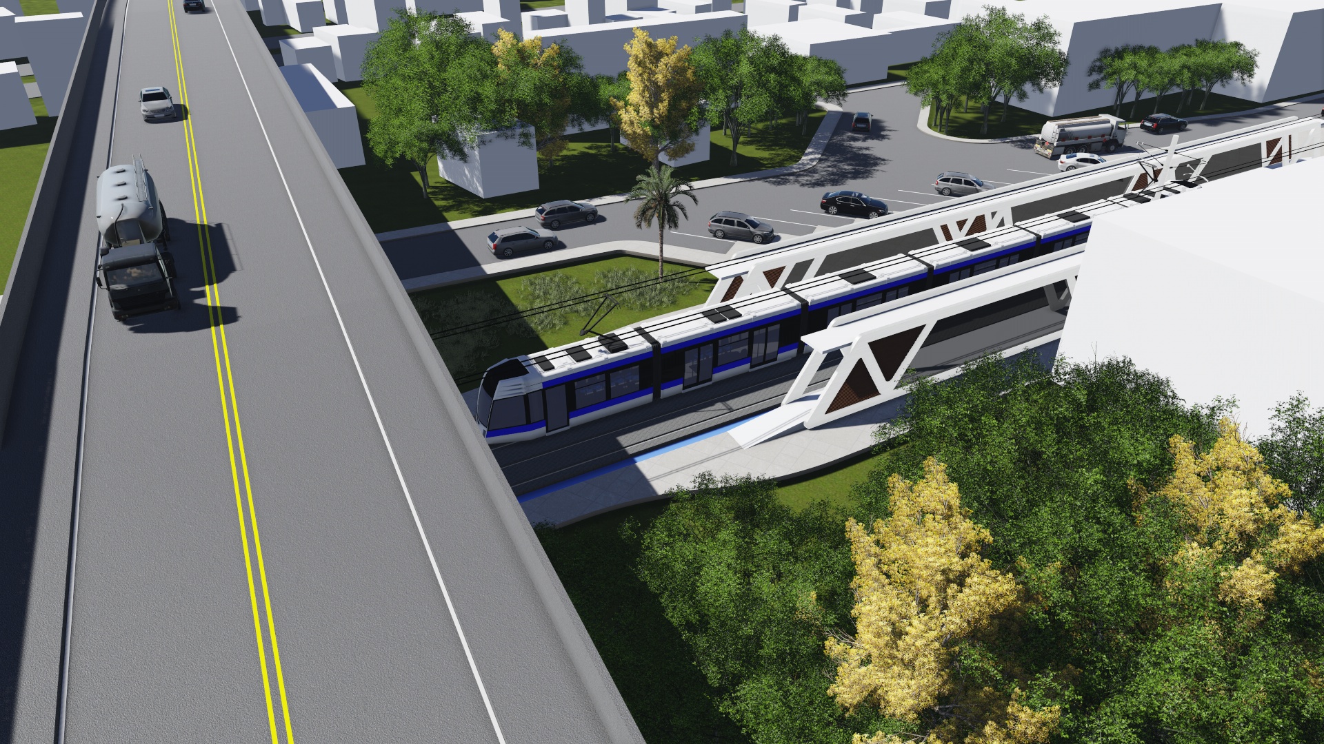 Ilustração gráfica do Veículo Leve sobre Trilhos (VLT de Salvador).