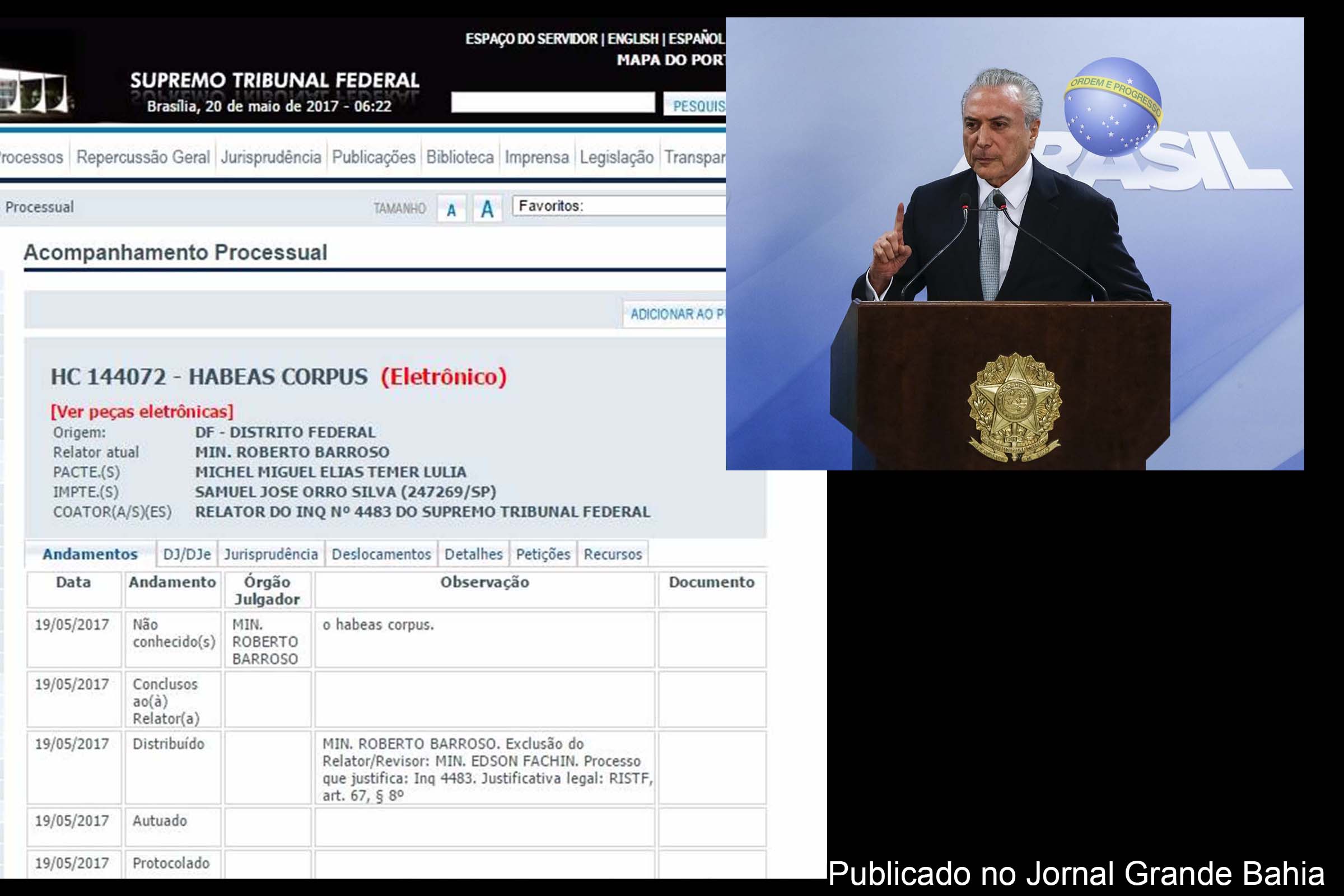 Reprodução do registro do pedido de Habeas Corpus do presidente Michel Temer no sistema do STF.