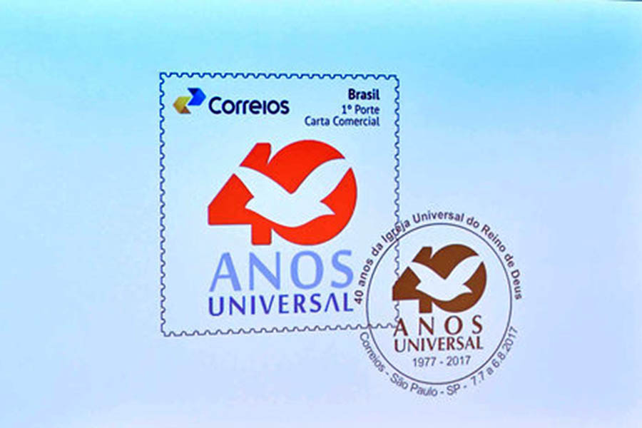 Selo e carimbo comemorativos dos 40 anos da Igreja Universal, é lançado pelos Correios. Eles serão usados por um mês na agência central dos Correios de São Paulo e depois armazenado no museu da empresa.