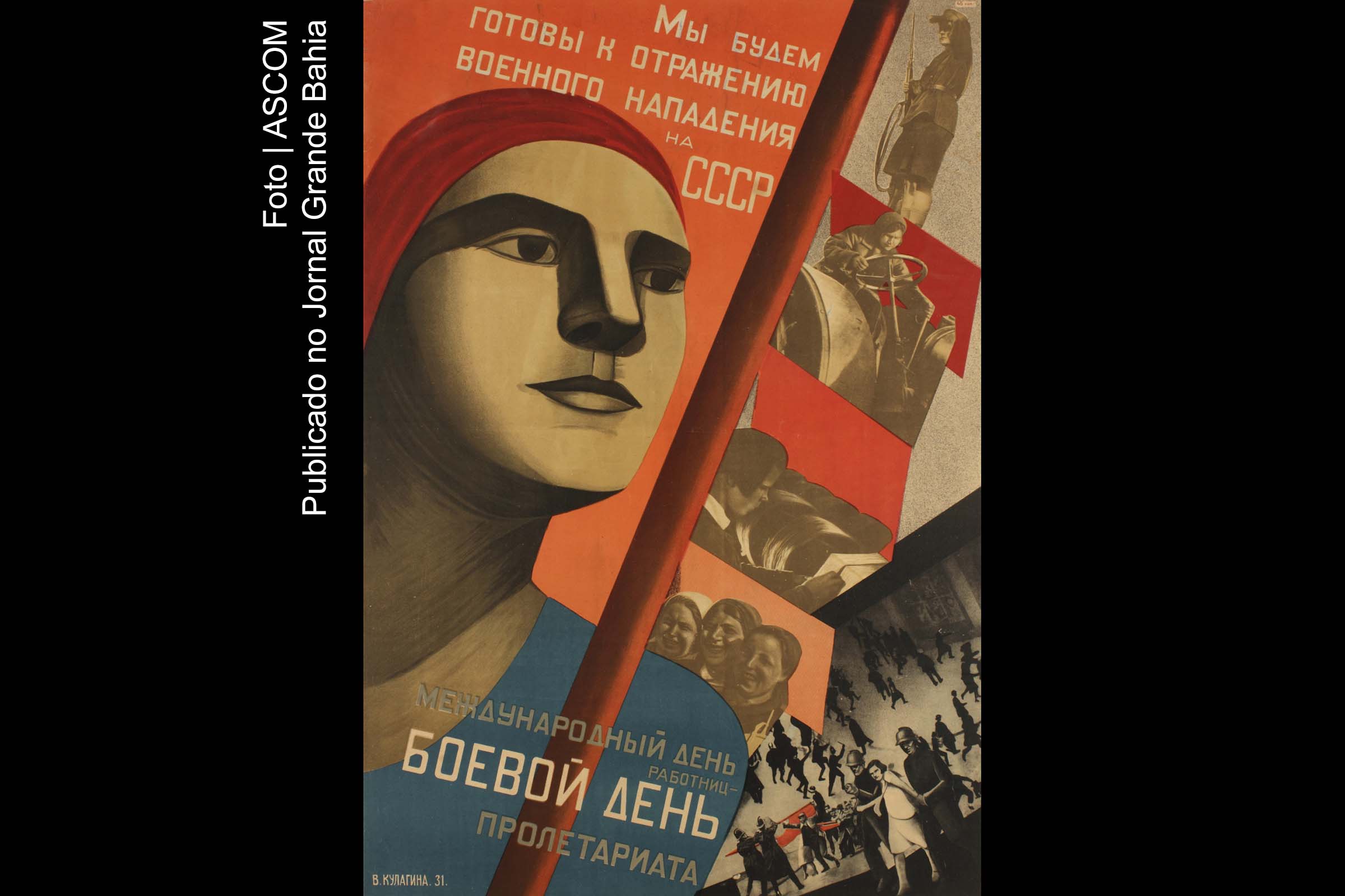 Cartaz destaca a mulher como trabalhadora na Revolução Russa de 1917.
