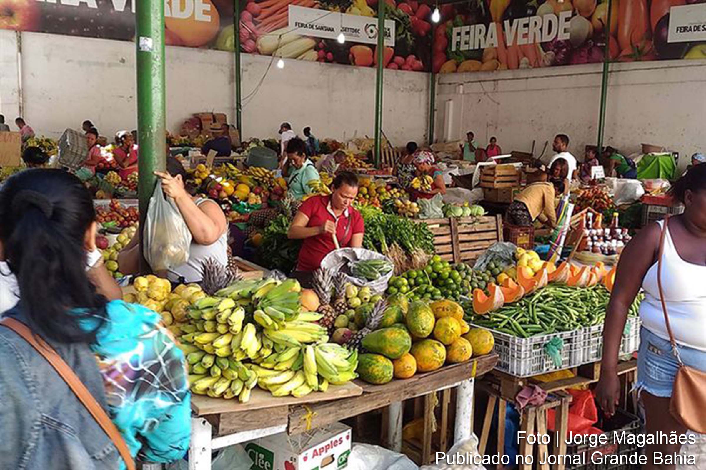 Vendedores de frutas e verduras do espaço Feira Verde, em Feira de Santana.