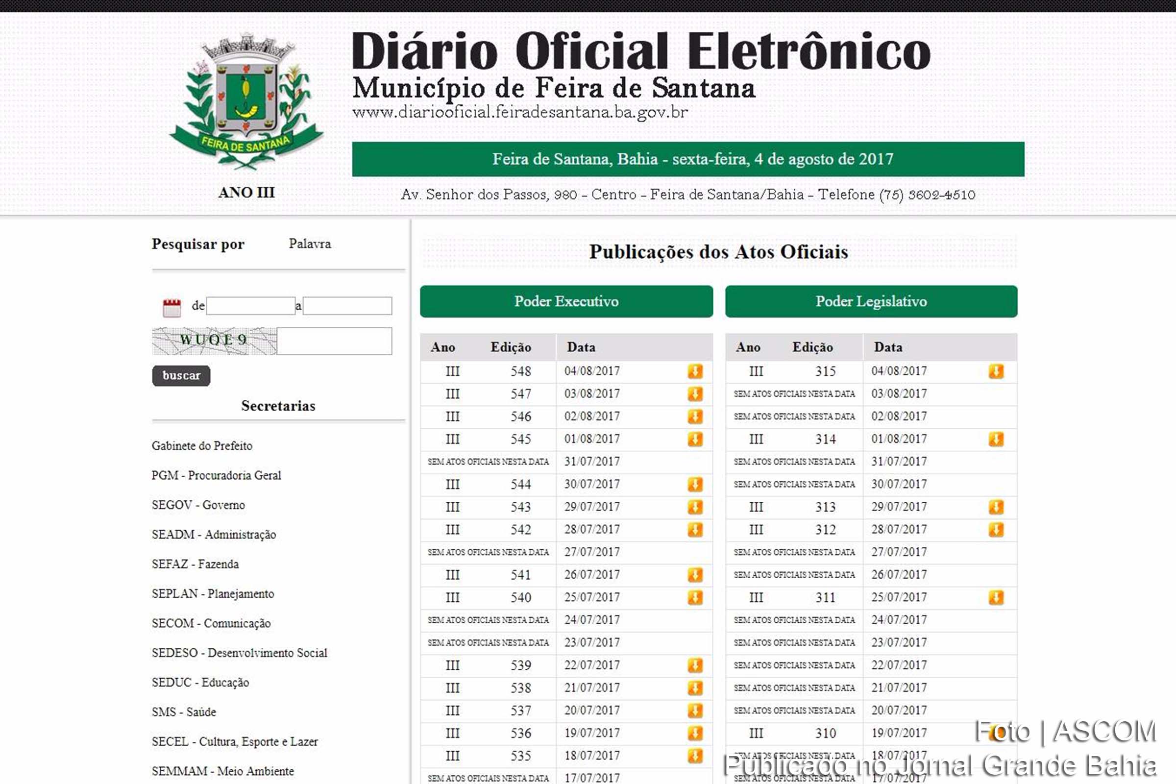 Reprodução de página na internet do Diário Oficial do Poder Executivo de Feira de Santana.