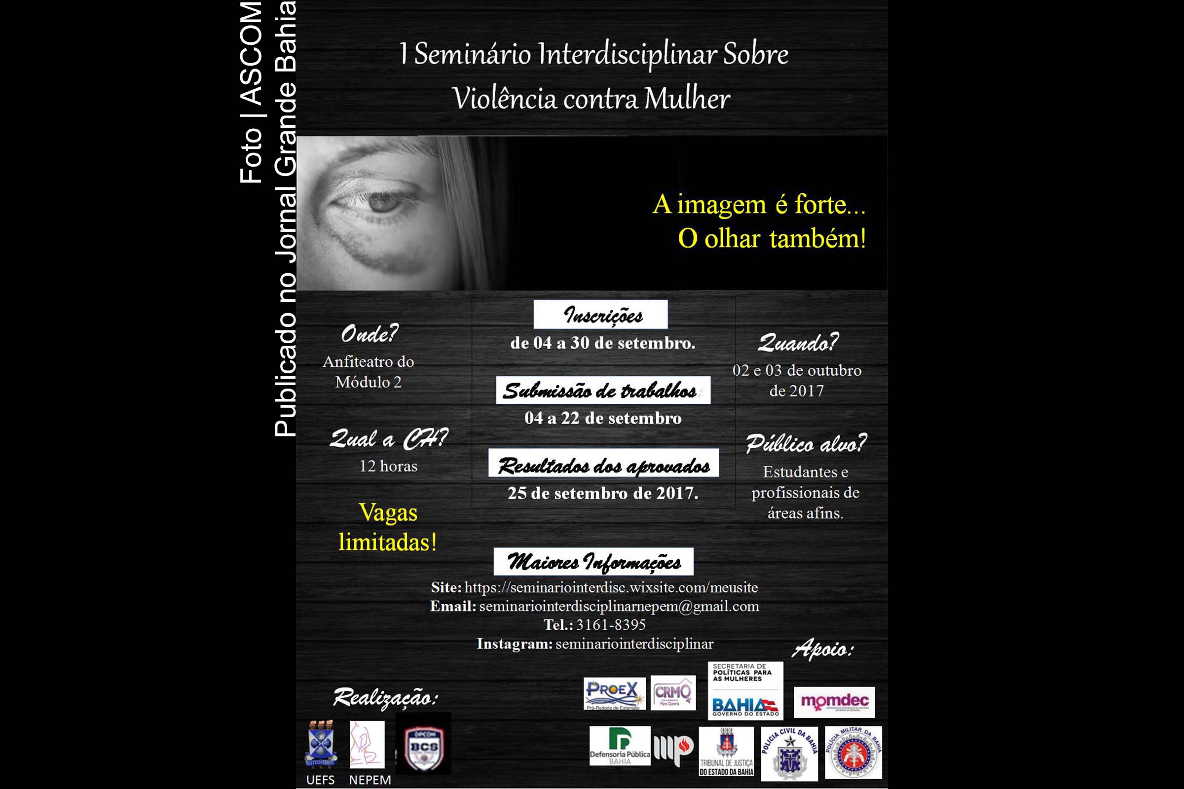 Cartaz anuncia I Seminário Interdisciplinar sobre Violência contra Mulher.