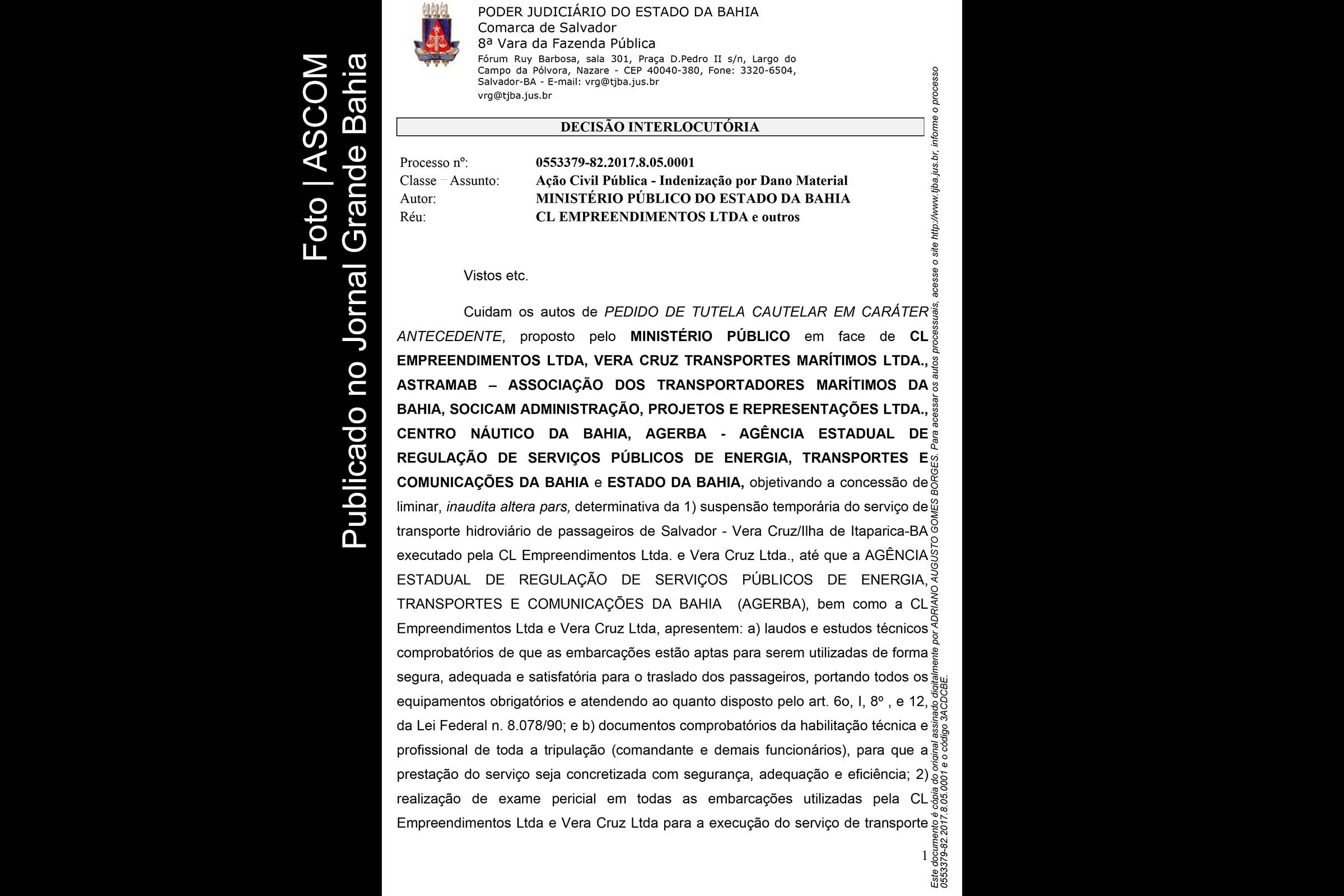 TJBA: Juízo da 8ª Vara da Fazenda Pública de Salvador nega pedido de suspensão do serviço de transporte hidroviário de passageiros Salvador/Mar Grande
