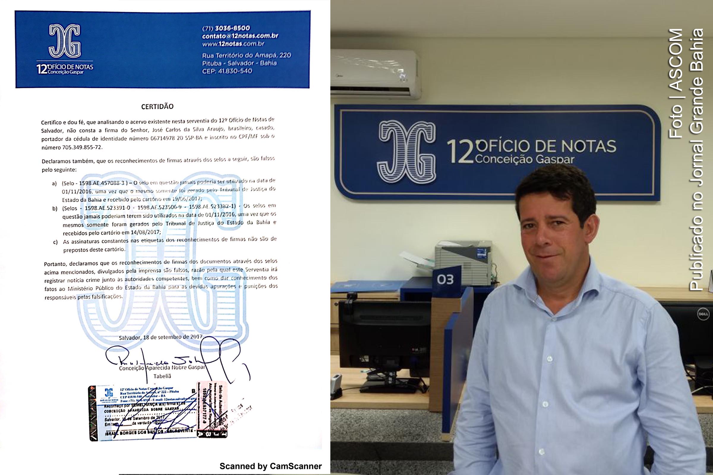 Certidão emitida pelo 12º Ofício de Notas Conceição Gaspar e assinada pela tabeliã Conceição Aparecida Nobre Gaspar, nesta segunda-feira (18/09/2017). Prefeito Carlos Germano foi até a sede do cartório, em Salvador, em busca do princípio da verdade.