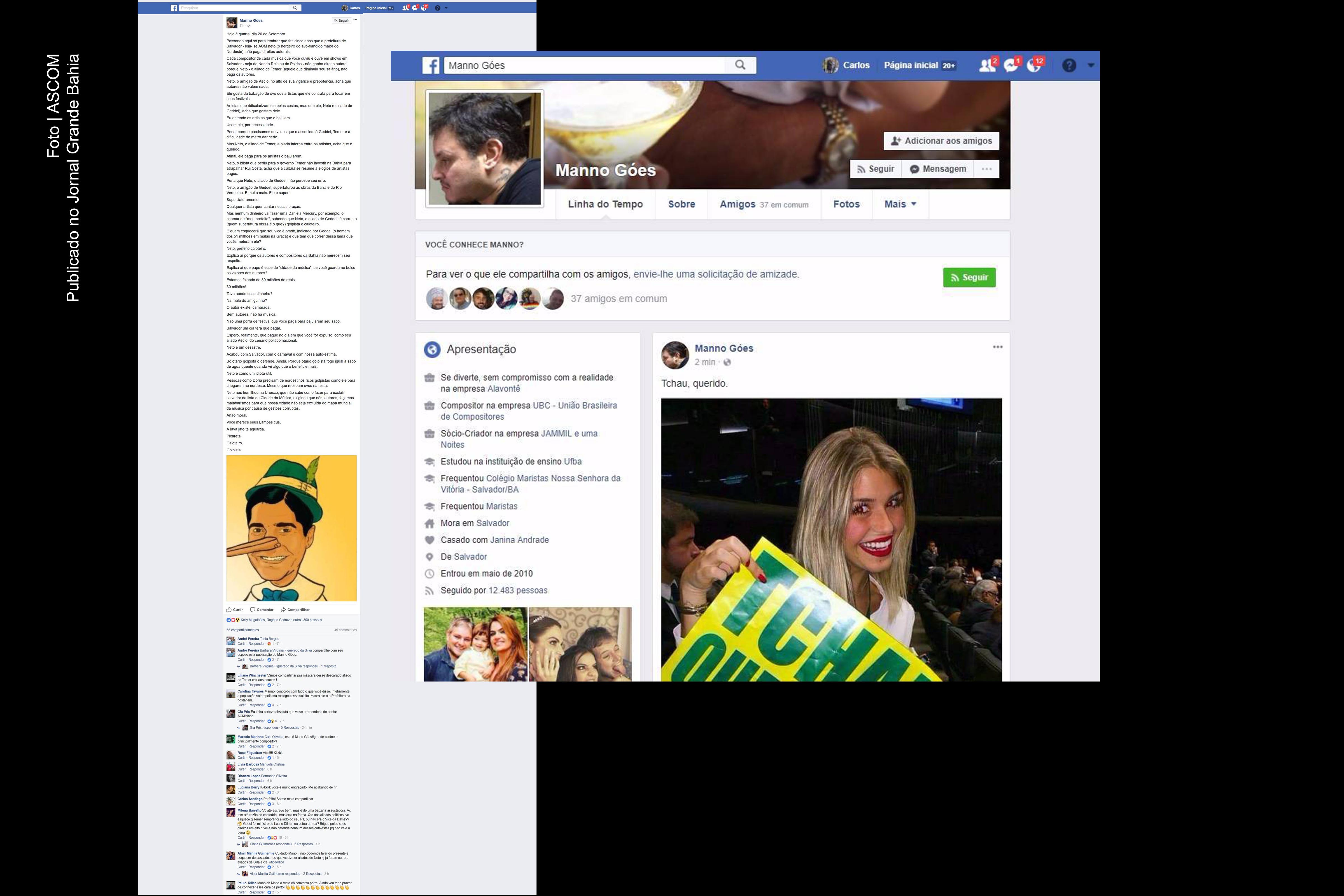 Manno Góes protesta no Facebook contra o prefeito ACM Neto.