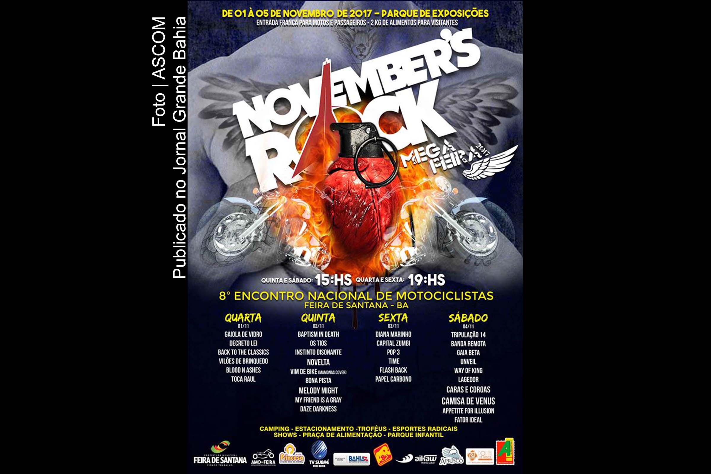 Cartaz anuncia November's Rock e 8º Encontro Nacional de Motociclistas em Feira de Santana.