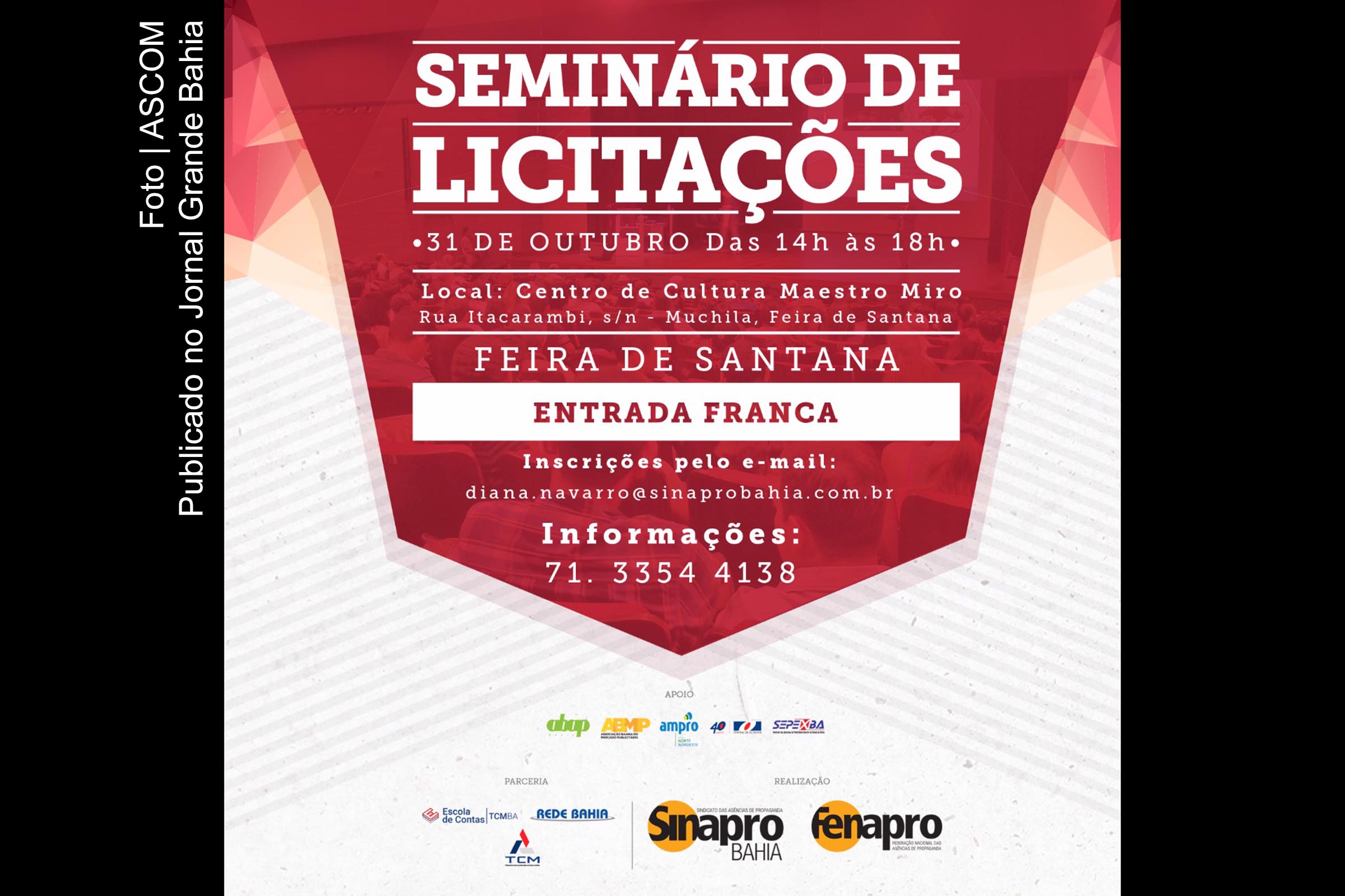 Cartaz anuncia realização do Seminário de Licitações em Feira de Santana.