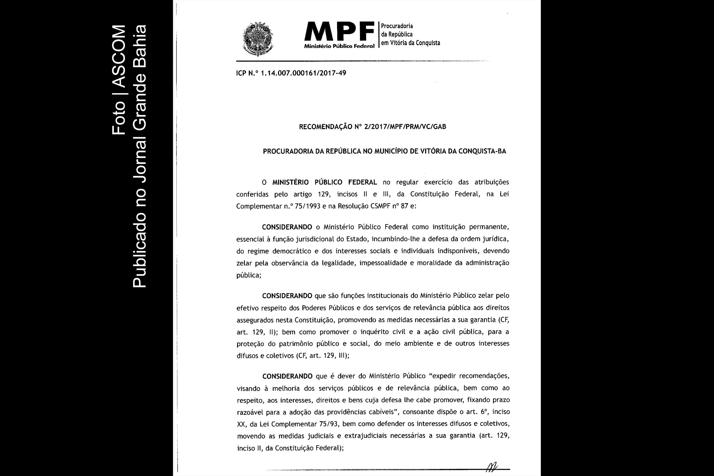 Página 1 da recomendação do MPF à Prefeitura de Vitória da Conquista.