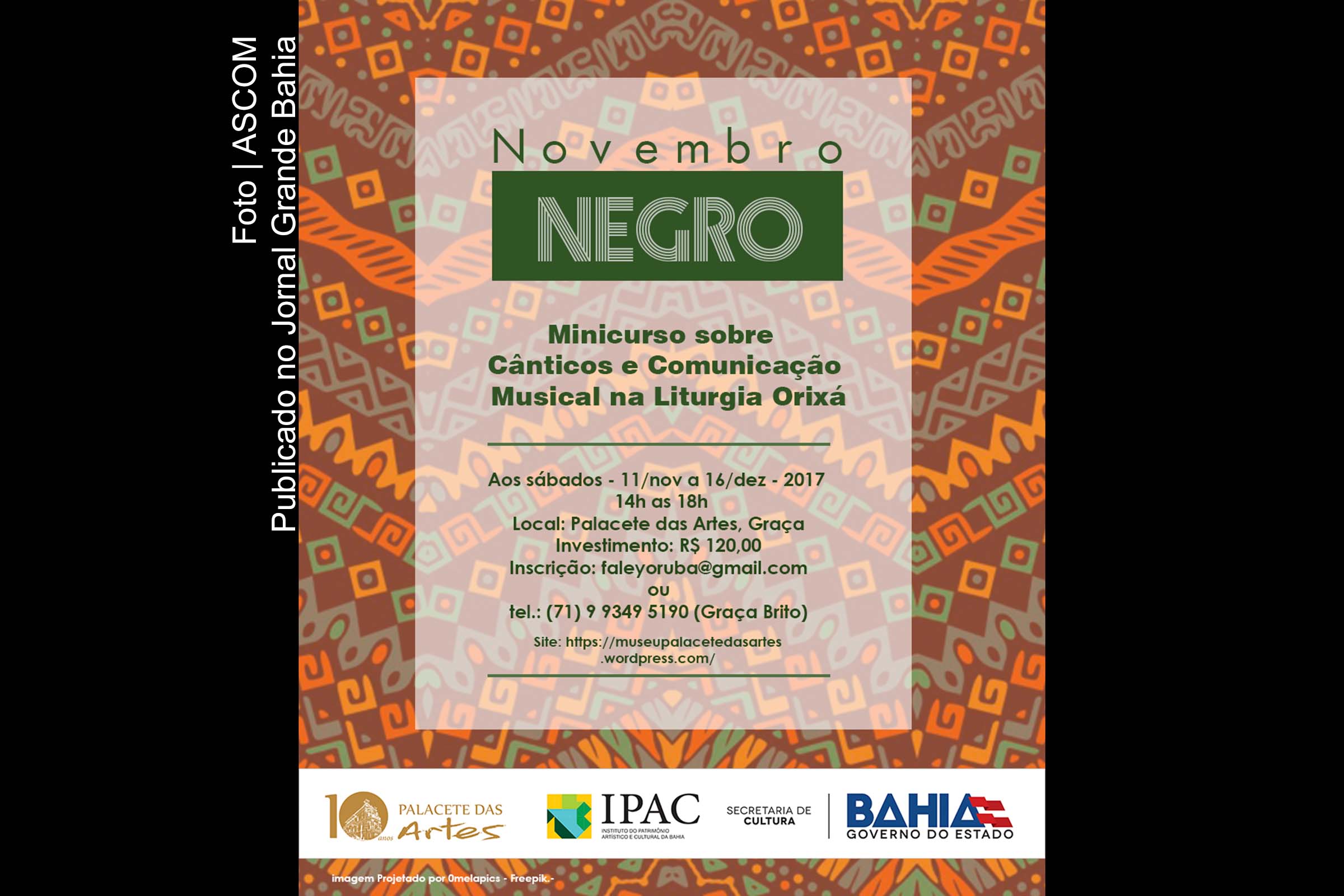 Cartaz anuncia minicurso sobre 'Cânticos e Comunicação Musical na Liturgia Orixá'.