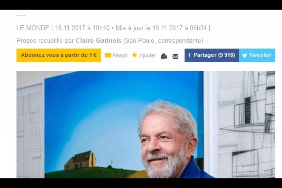A entrevista com o ex-presidente Lula é publicada na edição impressa do Le Monde datada de 19 e 20 de novembro de 2017.
