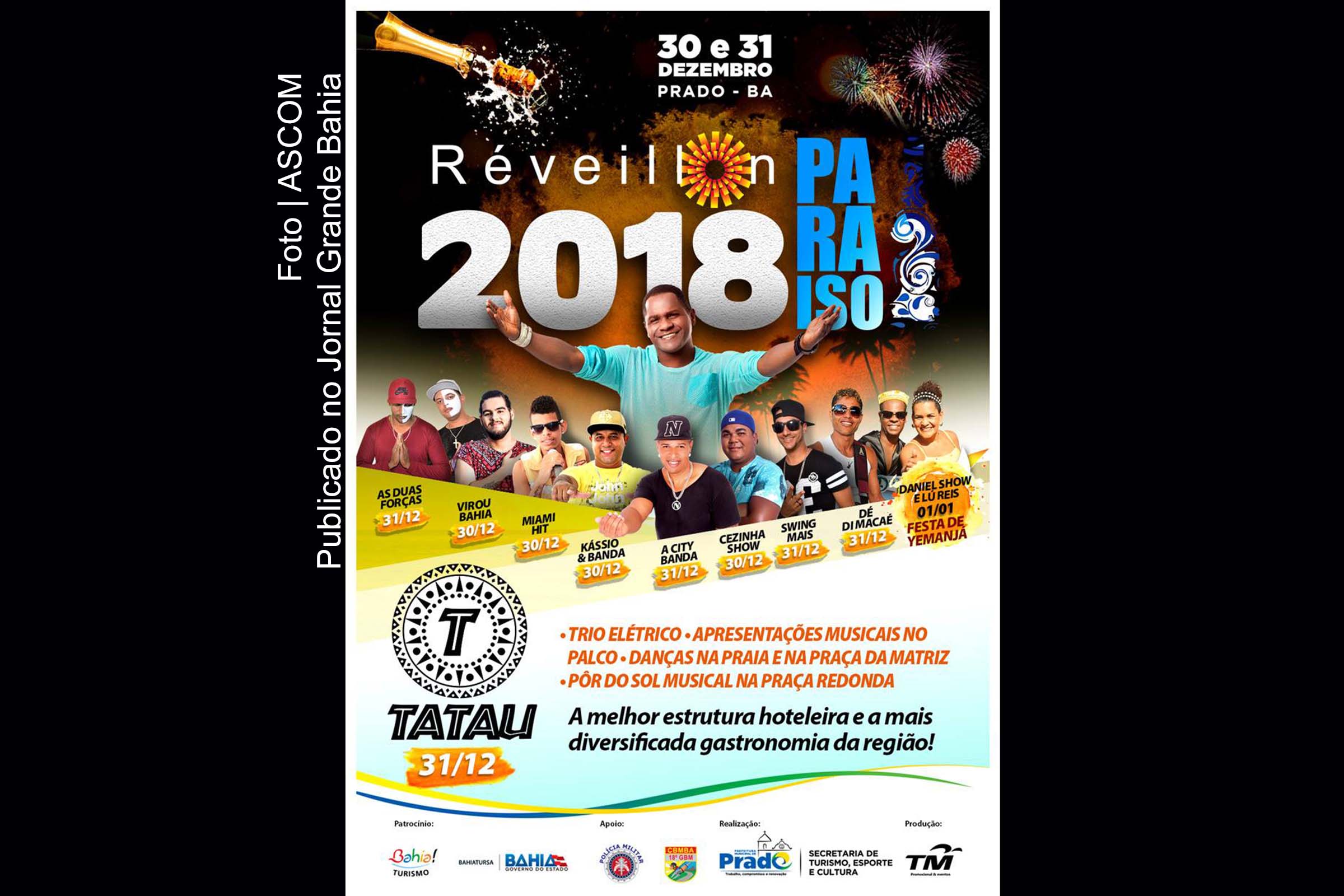 Cartaz anuncia atrações do Réveillon 2018 em Prado.