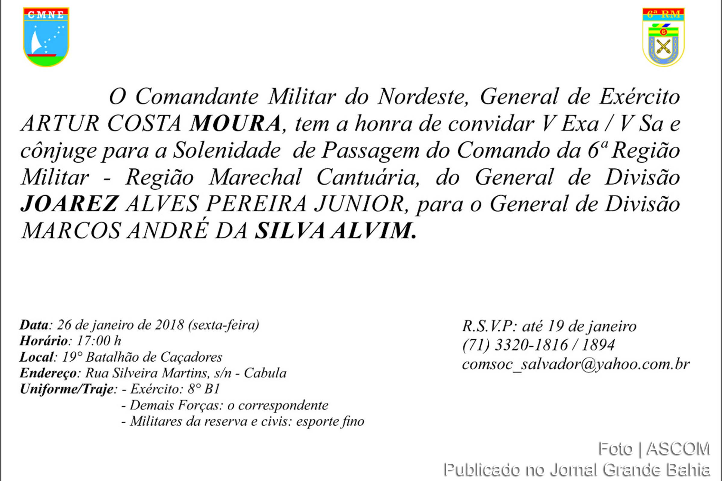 Convite anuncia solenidade de passagem do Comando da 6ª Divisão Militar para o general Marcos André da Silva Alvim.