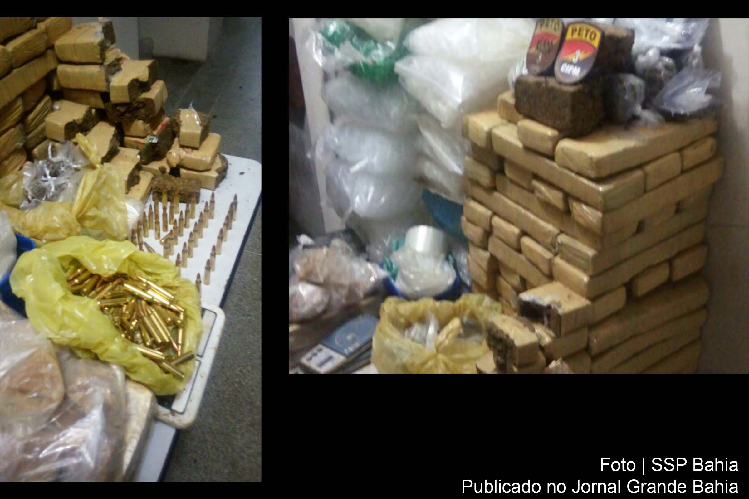 Drogas e munições de fuzil localizados pela 3ª Companhia Independente da Polícia Militar, em Salvador.