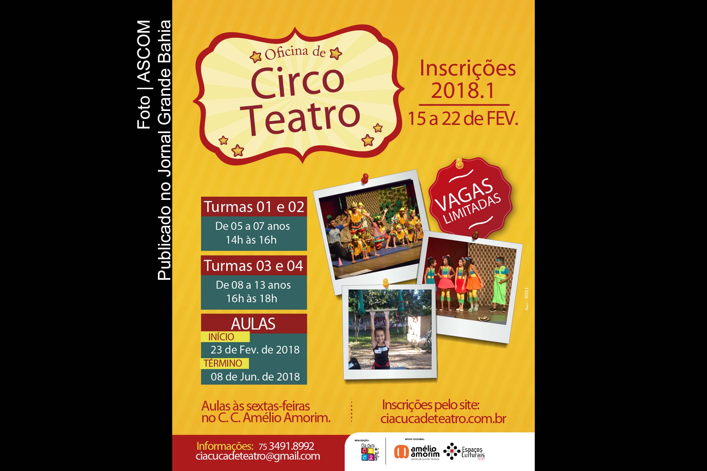 Cartaz anuncia Oficina de Circo-Teatro 2018.1 no Centro de Cultura Amélio Amorim.