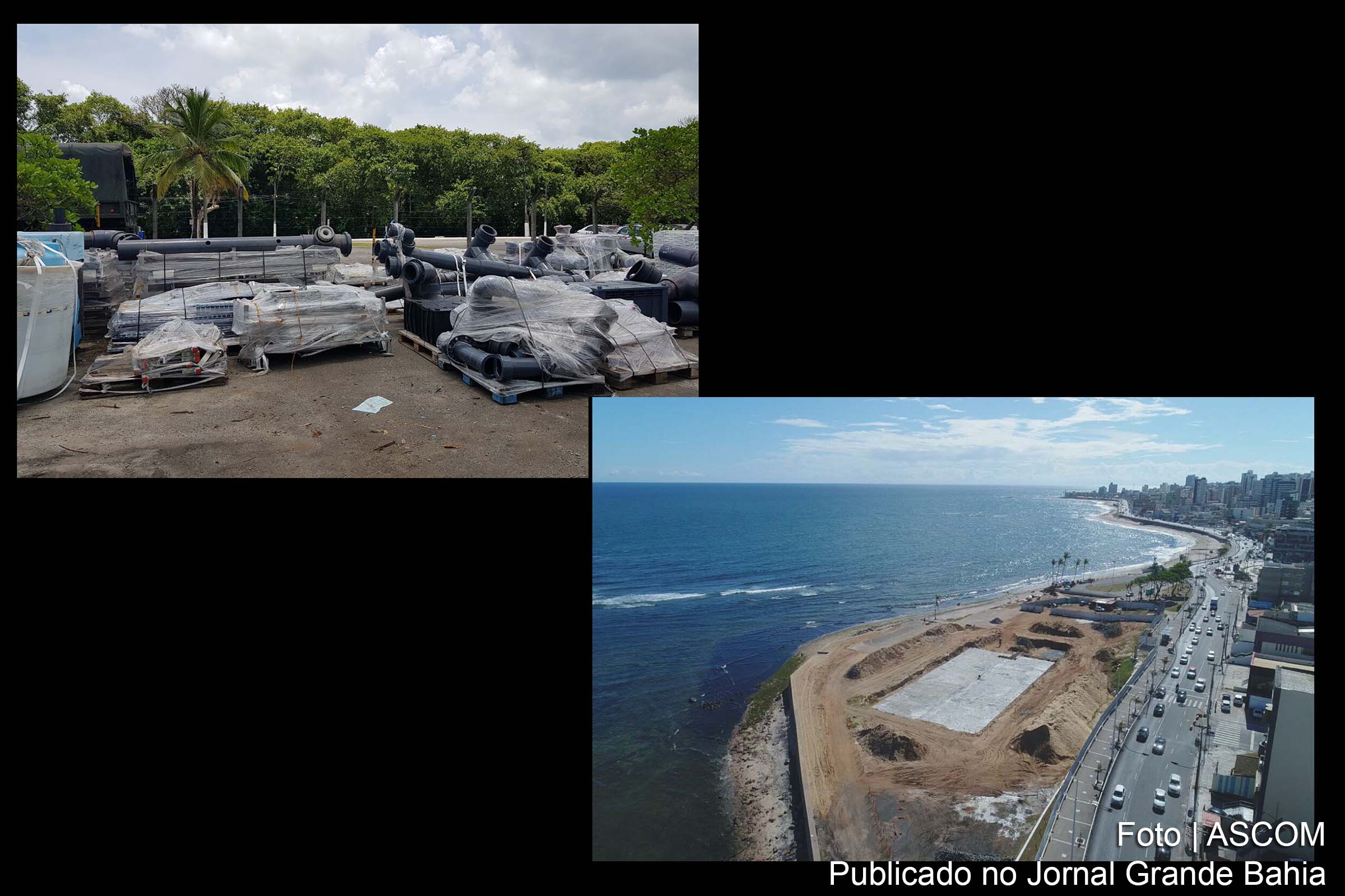 Vista aérea da construção da piscina olímpica de Salvador. Obra do governo ACM Neto causa impacto ambiental na orla marítima da capital.