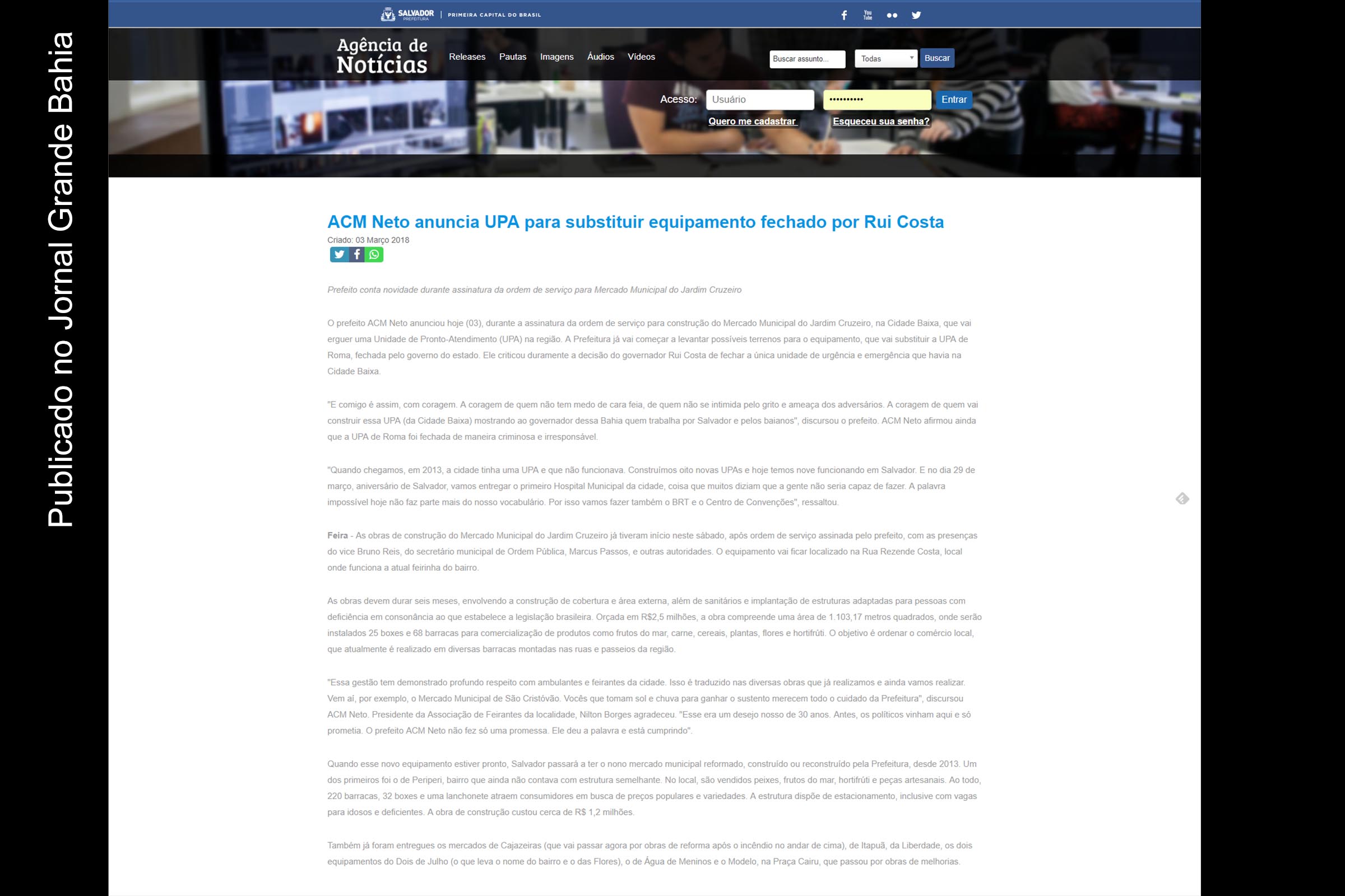 Gestão do prefeito ACM Neto comete crime contra imagem de Rui Costa; uso do site da Prefeitura de Salvador para atacar governador é a evidência concreta de ação delitiva