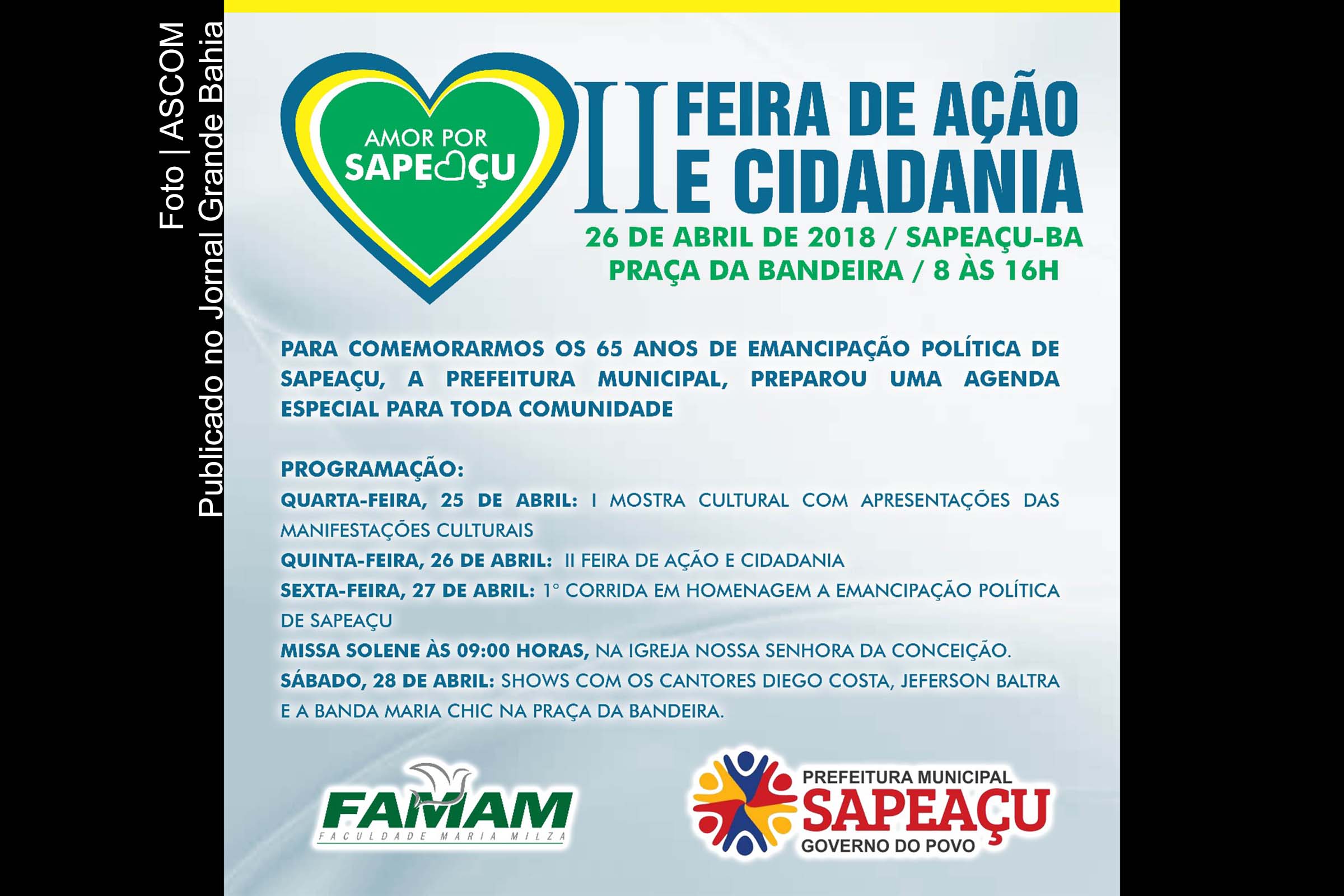 Cartaz anuncia programação dos 65 anos de Emancipação Política do município de Sapeaçu.