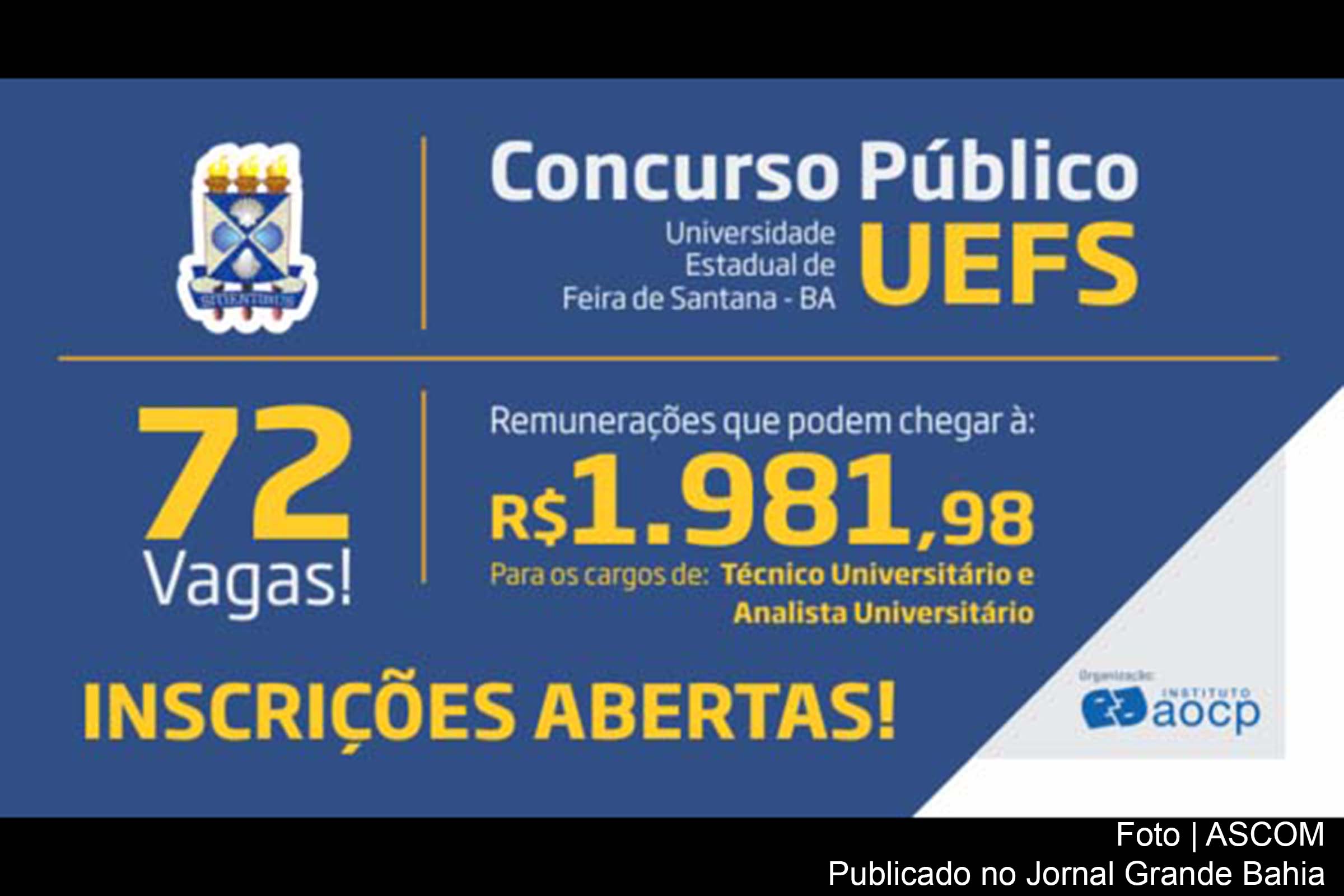 Instituto AOCP anuncia abertura das inscrições para o Concurso Público da UEFS.